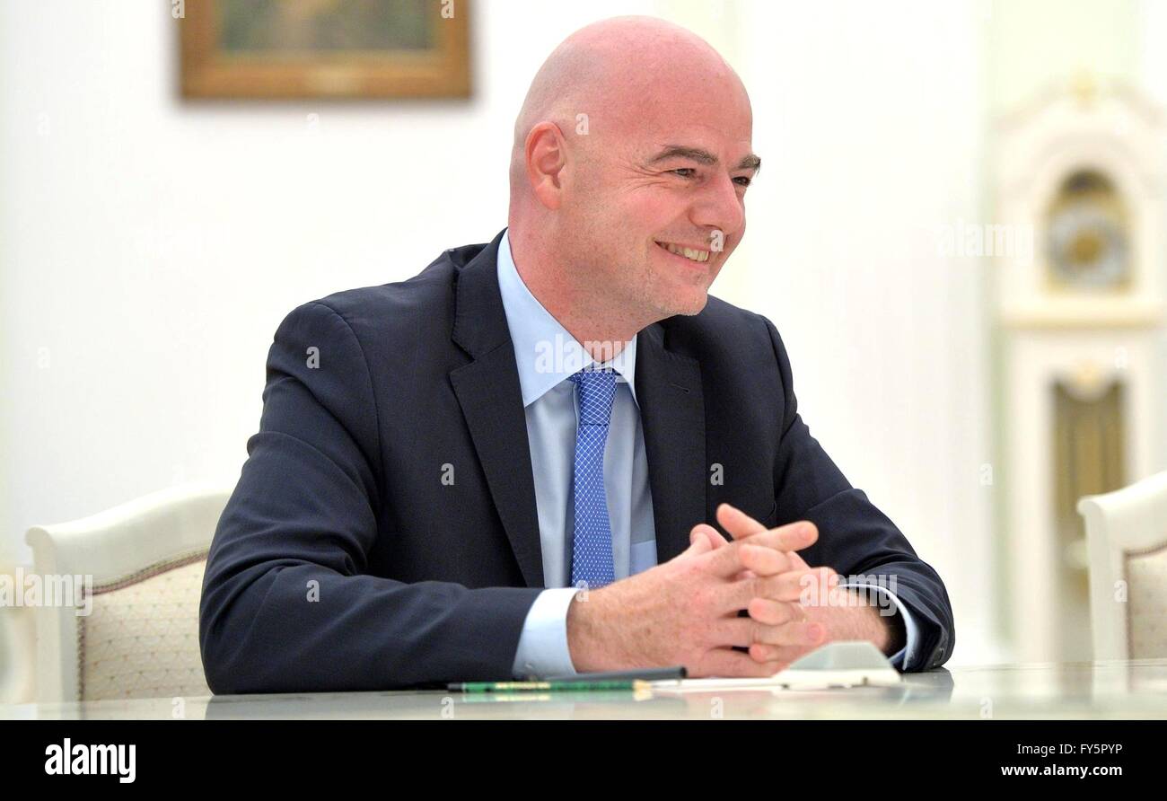 FIFA President Gianni Infantino during a meeting with Russian President Vladimir Putin at the Kremlin April 20, 2016 in Moscow, Russia. Stock Photo