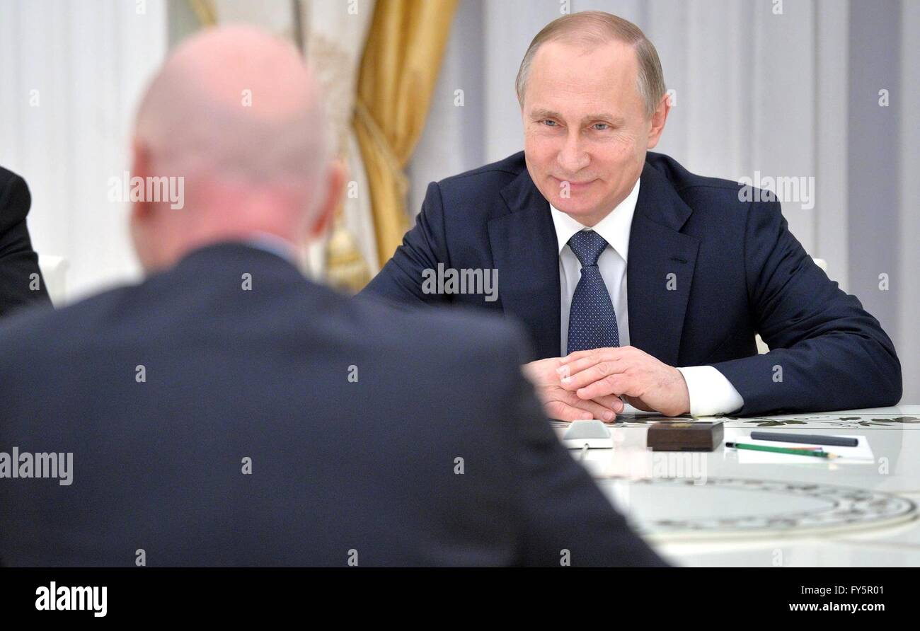 Russian President Vladimir Putin during a meeting with FIFA President Gianni Infantino at the Kremlin April 20, 2016 in Moscow, Russia. Stock Photo