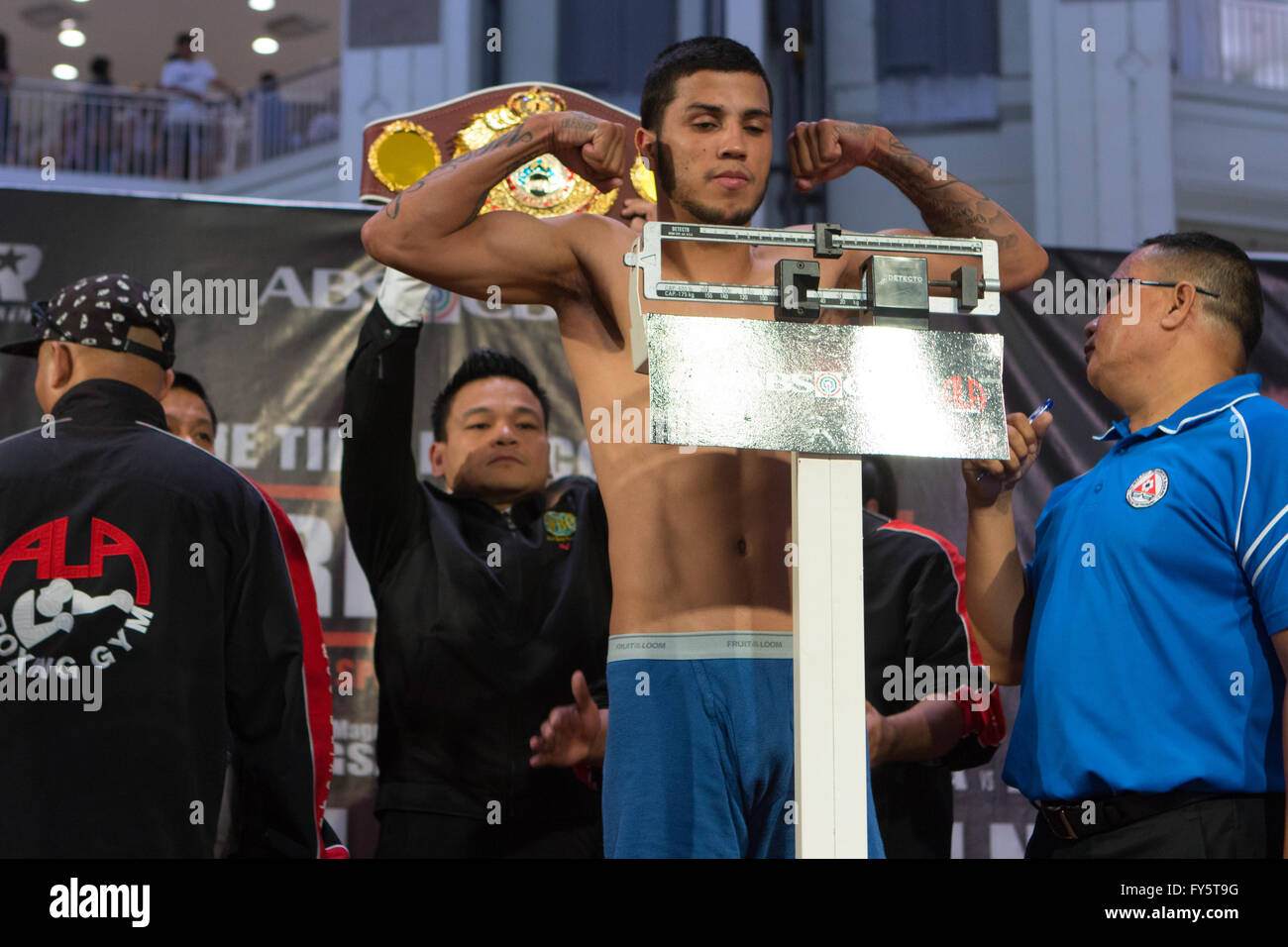 22/4/2016 Ayala Centre,Cebu City,Philippines.Weigh-in for the WBO World Jr,Featherweight Championship fight between Filipino-American boxer,Nonito ’The Filipino Flash’ Donaire (32 yrs W36 L3 D0) and challenger from Hungary, Zsolt Bedak (32 yrs  W25 L1 D0). On the same card & pictured,Chris Avalos,who will face Mark Magsayo of the Philippines Stock Photo