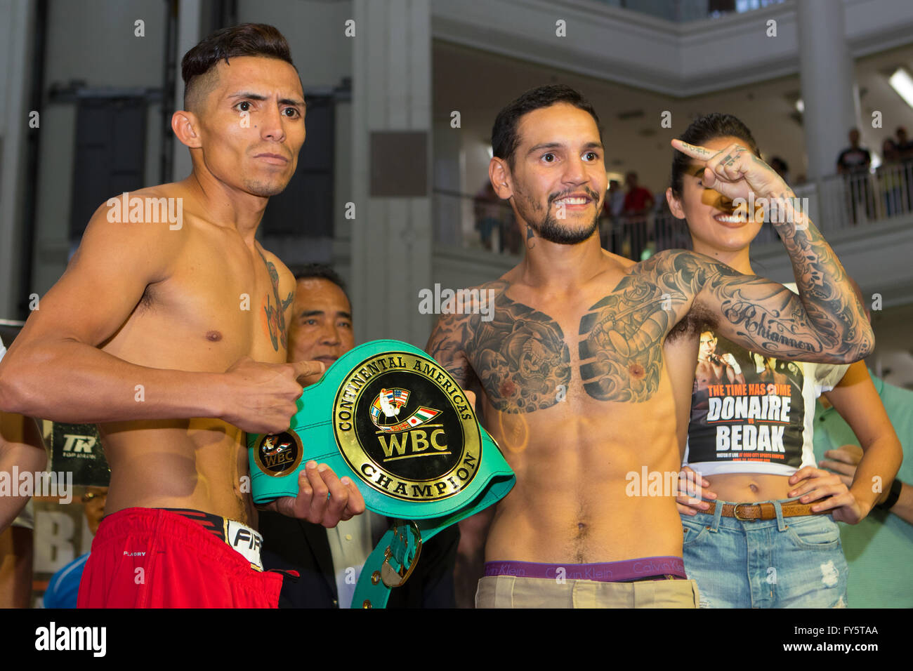 22/4/2016 Ayala Centre,Cebu City,Philippines.Weigh-in for the WBO World Jr,Featherweight Championship fight between Filipino-American boxer,Nonito ’The Filipino Flash’ Donaire (32 yrs W36 L3 D0) and challenger from Hungary, Zsolt Bedak (32 yrs  W25 L1 D0). On the same card & pictured,Australian boxer Paul Fleming & Miguel Angel Gonzalez from Mexico face-off. Stock Photo