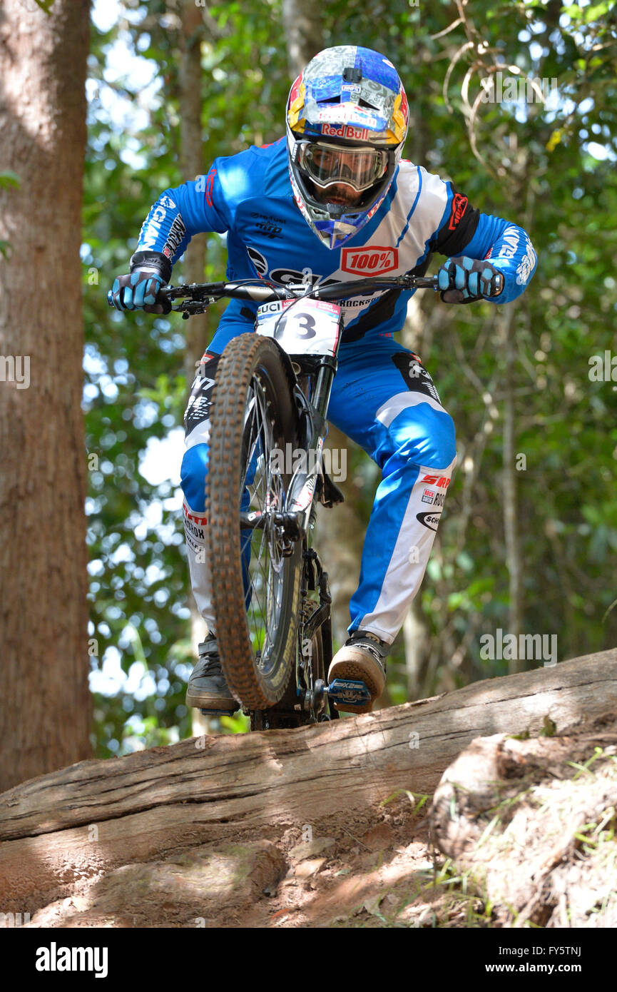 Cairns, Australia. 22nd Apr, 2016. UCI Mountain Bike World Cup. Downhill qualifying. MArcelo Gutierrez from Columbia riding for the GIANT FACTORY OFF-ROAD TEAM. Credit:  Action Plus Sports/Alamy Live News Stock Photo