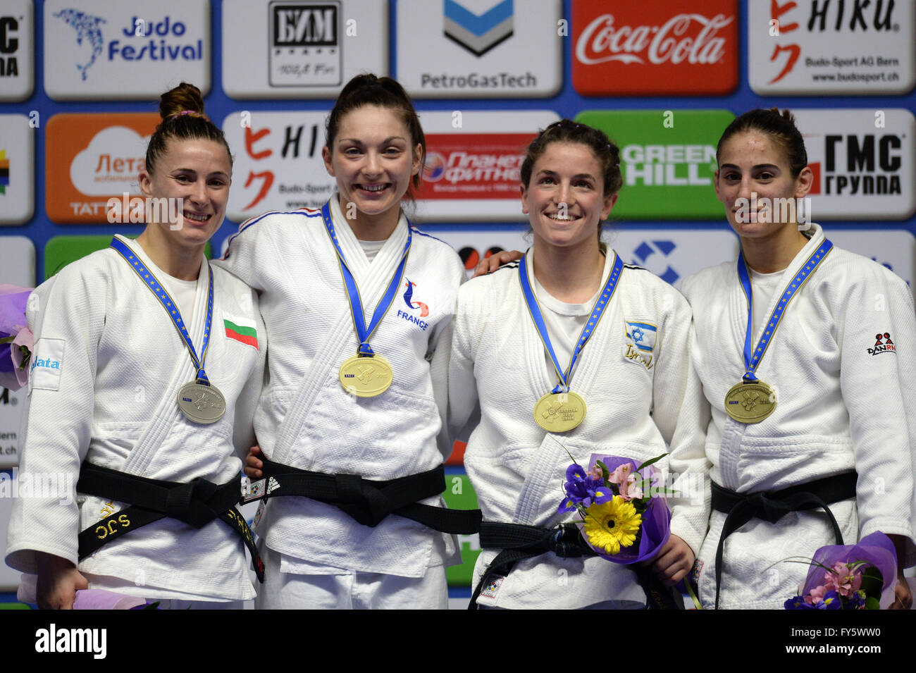 Kazan, Russia. 21st April, 2016. Silver medalist Ivelina Ilieva of Bulgary, gold medalist Automne Pavia of France, bronze medalists Timma Nelson Levy of Israel and Nora Gjakova of Kosovo (L-R) pose during awarding ceremony for the women 's -57 kg category during European judo championships in Kazan, Russia, Apr. 21, 2016 (Photo by Pavel Bednyakov) Credit:  Pavel Bednyakov/Alamy Live News Stock Photo