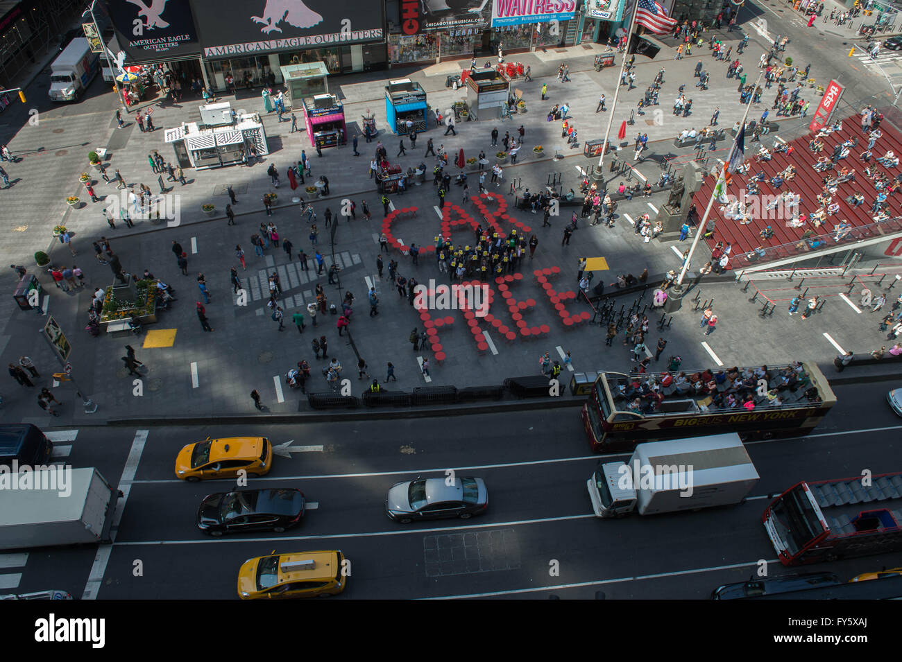 New York, NY, USA. 21st Apr, 2016. Car Free is spelled out in furniture in Duffy Square as members of the coalition behind #CarFreeNYC initiative hold a press conference and rally in Times Square in a call to action for New York City drivers, Thursday, April 21, 2016. Credit:  Bryan Smith/ZUMA Wire/Alamy Live News Stock Photo