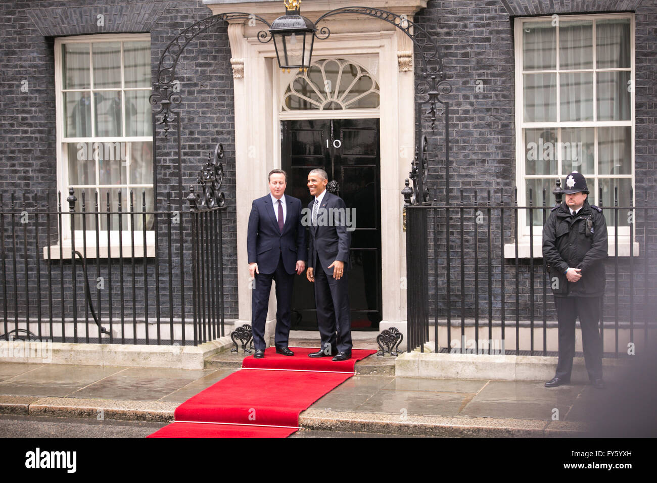 44th American President Barak Obama visits 10 Downing Street in London UK,  to meet with Prime Minster David Cameron Stock Photo