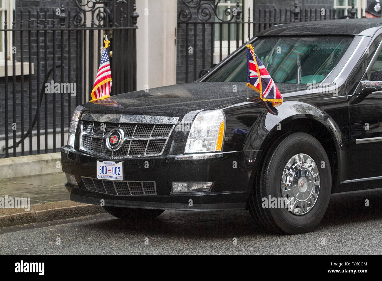 London UK. 22nd April 2016. The presidential limousine  nicknamed  'The Beast 'parked outside 10 Downing Street as US President Barack Obama  arrives to meet with British Prime David Cameron. Barack Obama who is on a UK visit  arrives to lend his political support as part of the Special relationship for Britain staying in Europe Credit:  amer ghazzal/Alamy Live News Stock Photo