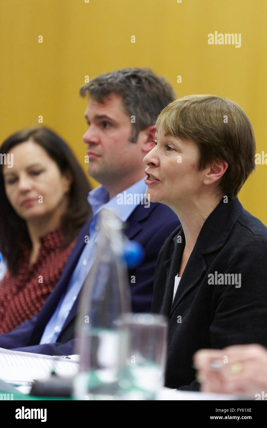 London, UK. 21st April, 2016. Green Party member Caroline Lucas speak at a Friends of the Earth and Environmentalists for Europe Remain Campaign Rally. Held at King's College London. UK. 21st April 2016 Credit:  Sam Barnes/Alamy Live News Stock Photo