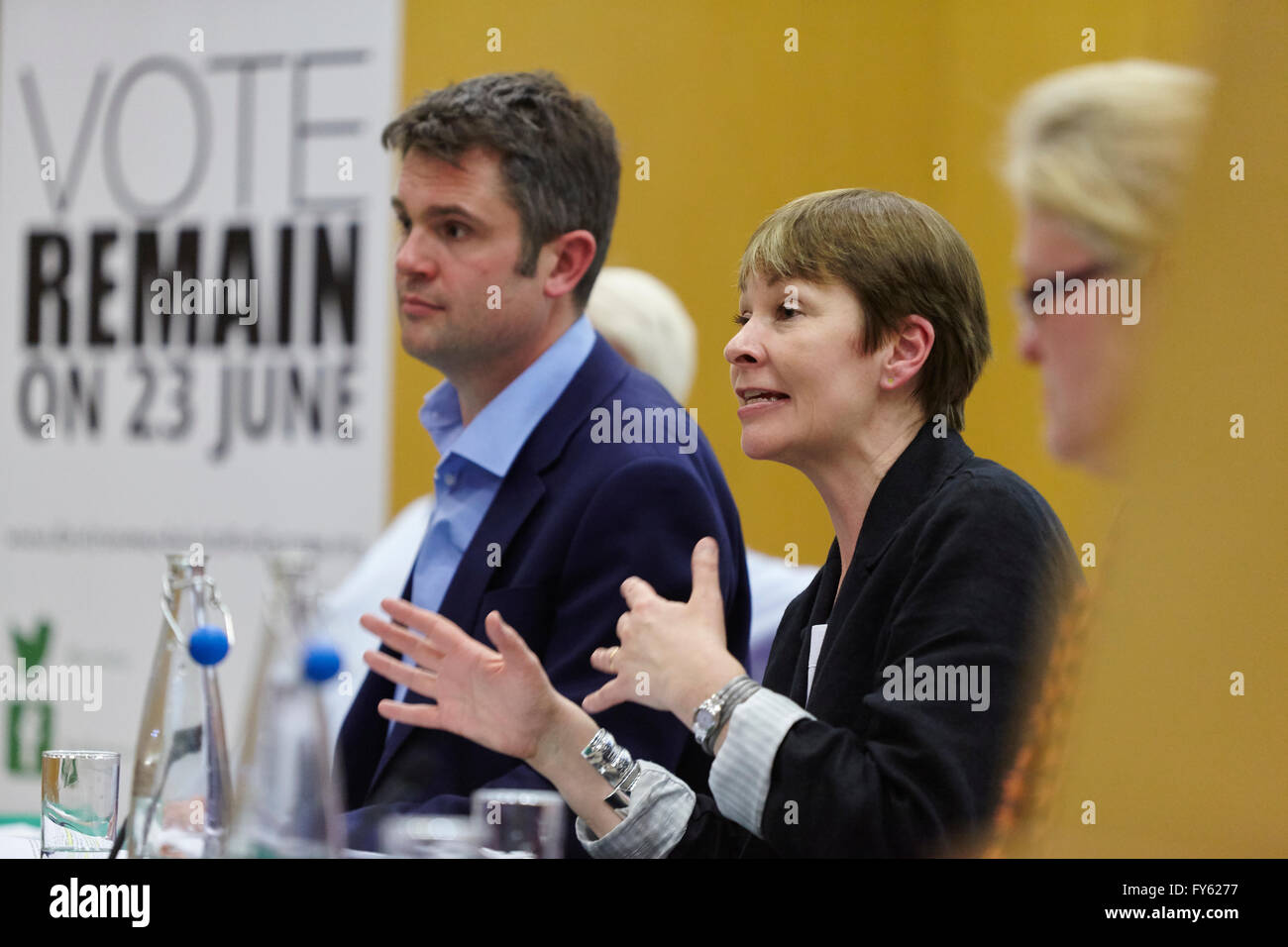 London, UK. 21st April, 2016. Green Party member Caroline Lucas speak at a Friends of the Earth and Environmentalists for Europe Remain Campaign Rally. Held at King's College London. UK. 21st April 2016 Credit:  Sam Barnes/Alamy Live News Stock Photo