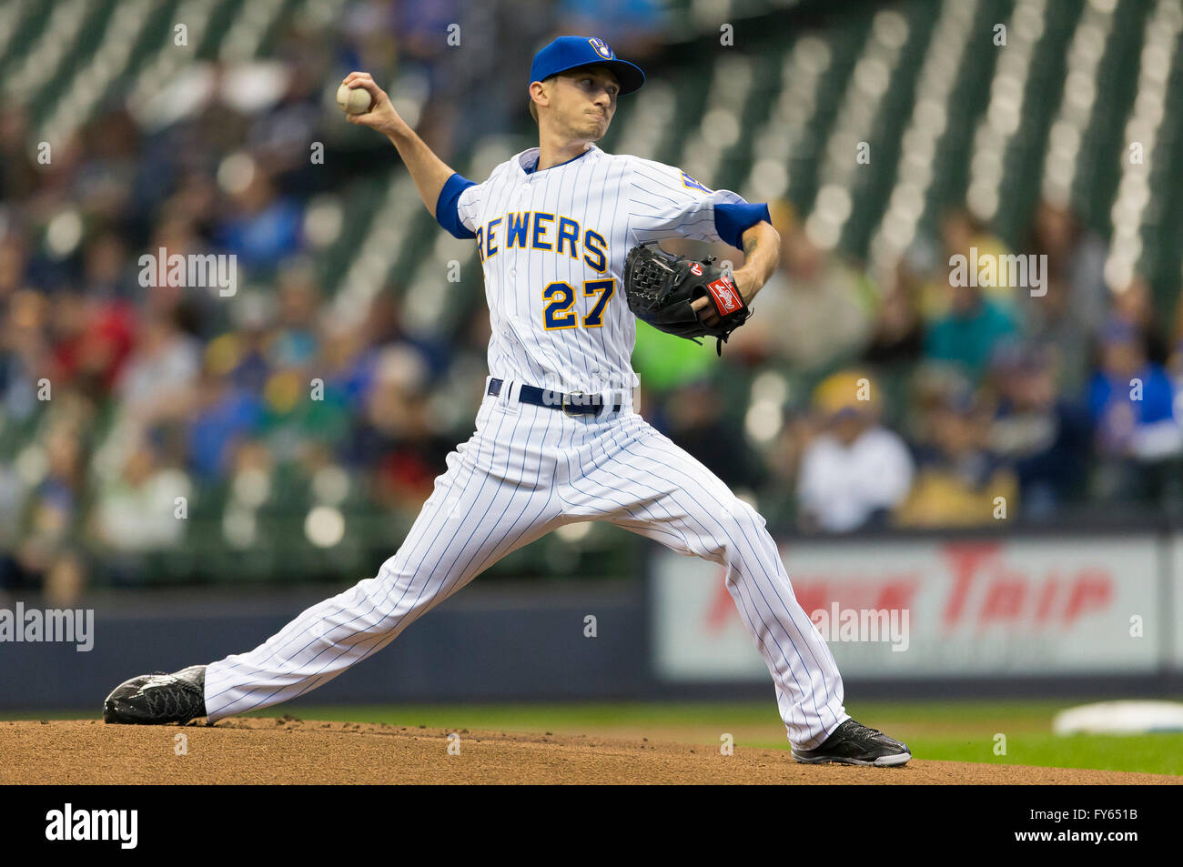 Milwaukee, WI, USA. 22nd Apr, 2016. Milwaukee Brewers starting pitcher Zach Davies #27 delivers a pitch in the first inning of the Major League Baseball game between the Milwaukee Brewers and the Philadelphia Phillies at Miller Park in Milwaukee, WI. John Fisher/CSM/Alamy Live News Stock Photo