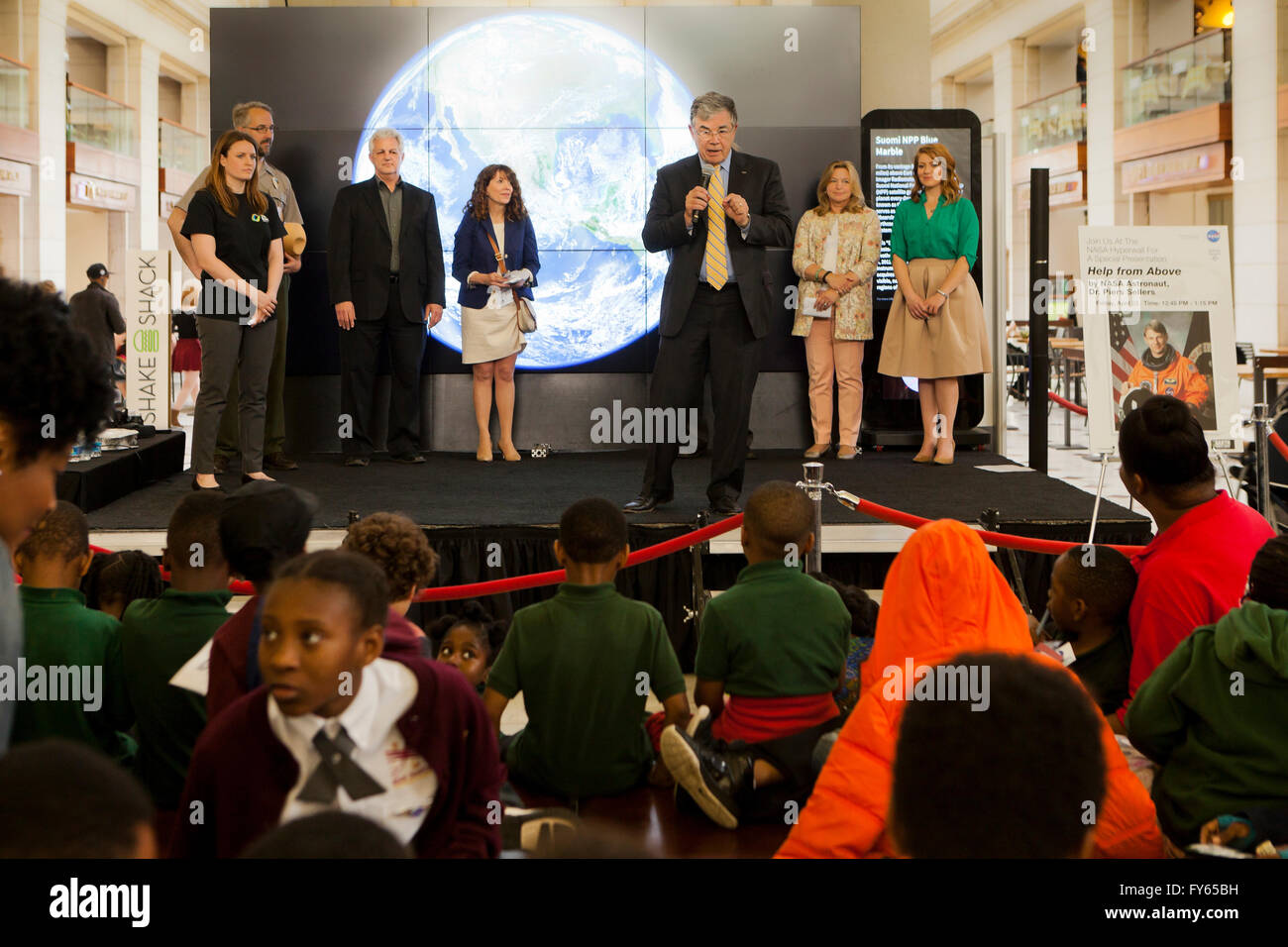 Washington DC, USA. 22nd Apr, 2016. NASA celebrates Earth day with the public in the Main Hall of Union Station in Washington, DC. Many scientists, astrophysicists, and astronaut Dr. Piers Sellers presented latest space and earth science studies and technologies, and shared stories of their experience working with NASA. Credit:  B Christopher/Alamy Live News Stock Photo