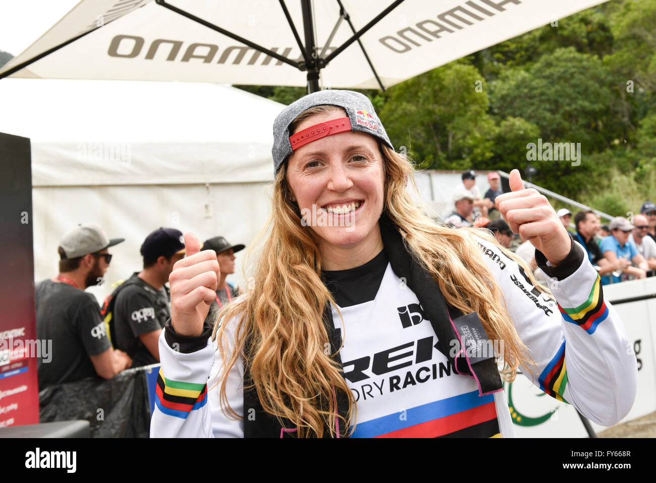 Cairns, Australia. 23rd Apr, 2016. UCI Mountain Bike World Cup. Womens downhill race. Winner Rachel Atherton from Great Britain riding for TREK FACTORY RACING DH. Credit:  Action Plus Sports/Alamy Live News Stock Photo