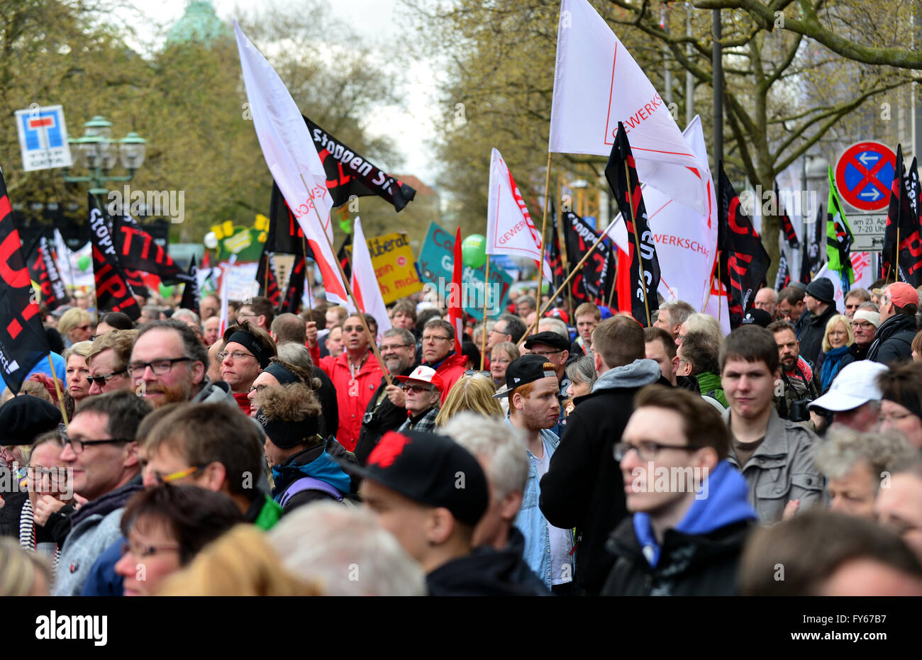 Hanover, Germany. 23rd Apr, 2016. Thousands of demonstrators gathering for a demonstration against the controversial transatlantic trade agreement TTIP at Opera Square in Hanover, Germany, 23 April 2016. Organisations for environment and consumer protection as well as for third world relief fear sinking ecological and social standards in Europe and that the agreement gives more power to big corportations. US-President Obama visits the Hanover Messe fair from 24 to 25 April 2016 in Hanover. PHOTO: HAUKE-CHRISTIAN DITTRICH/dpa/Alamy Live News Stock Photo
