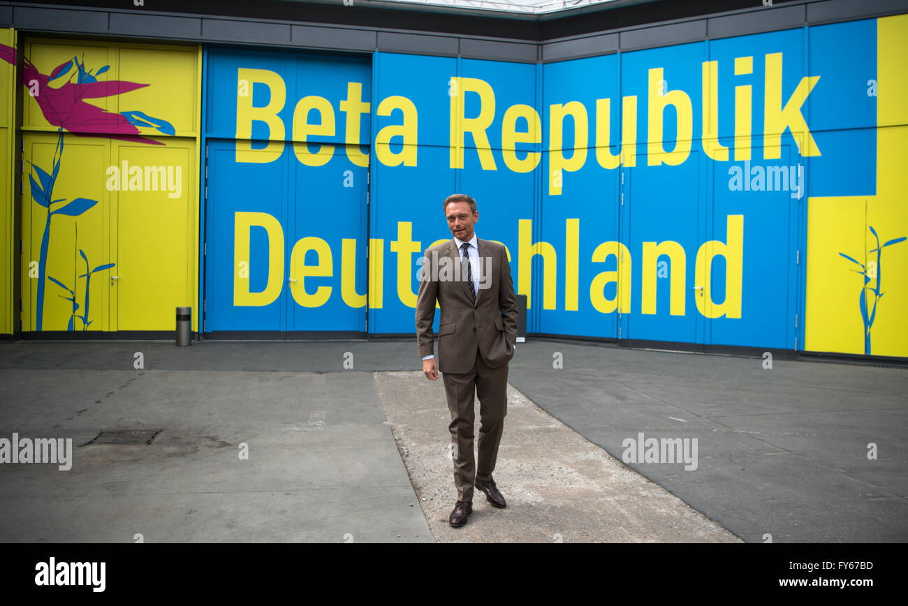 Berlin, Germany. 23rd Apr, 2016. Christian Lindner, Federal Chairman of FDP party, standing in front of a wall with the conference motto at the federal party conference of the Free Democratic Party (FDP) in Berlin, Germany, 23 April 2016. Roughly 660 delegates discuss topics such as the digitalisation of the society during the 67th party conference of the Free Democrats with the motto 'Beta Republik Deutschland'. PHOTO: BERND VON JUTRCZENKA/dpa/Alamy Live News Stock Photo