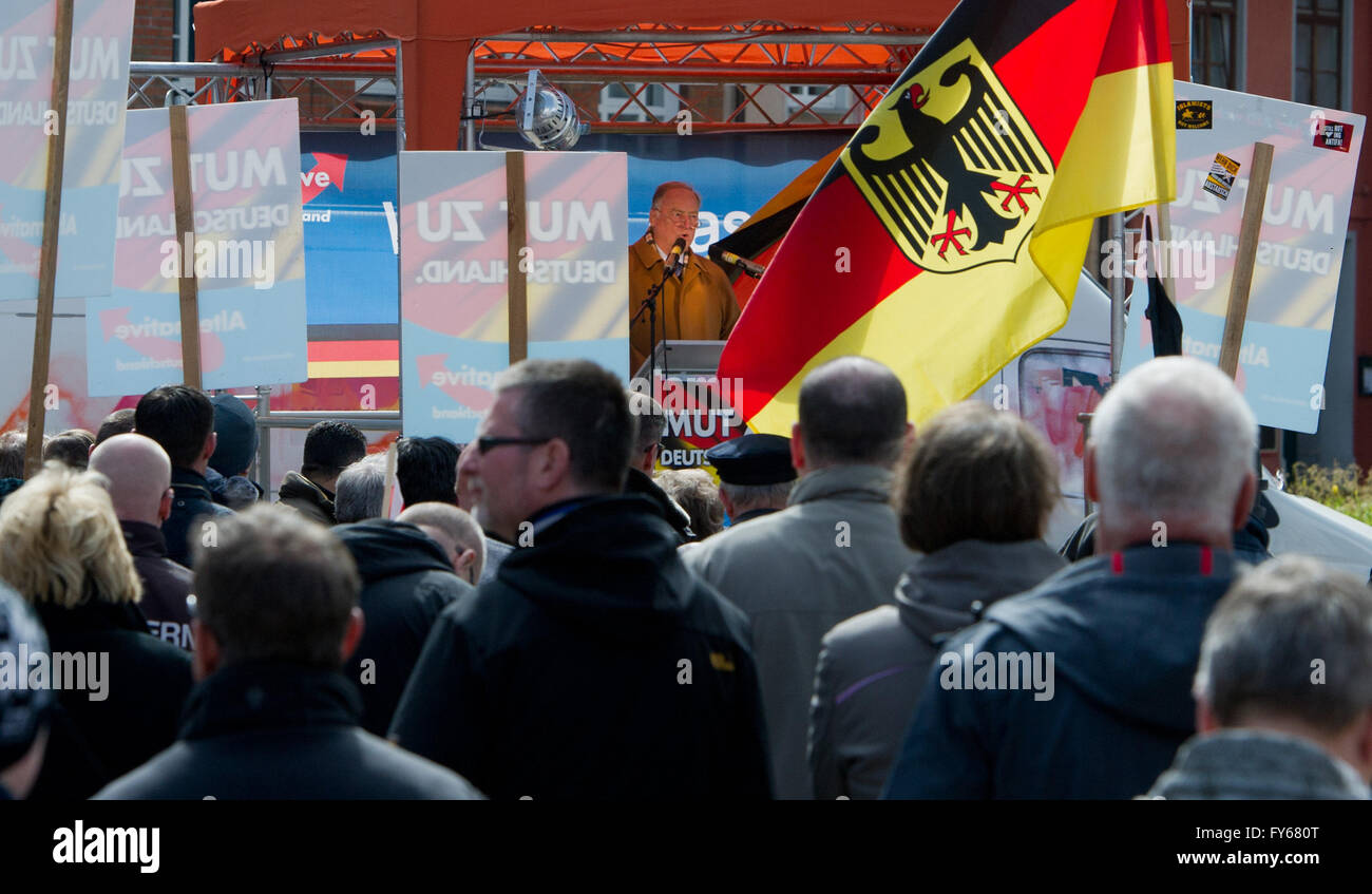 Stralsund, Germany. 23rd Apr, 2016. Alexander Gauland, federal deputy spokesman of the Alternative for Germany party (AfD), speaking of followers of the right-conservative party in Stralsund, Germany, 23 April 2016. PHOTO: STEFAN SAUER/dpa/Alamy Live News Stock Photo