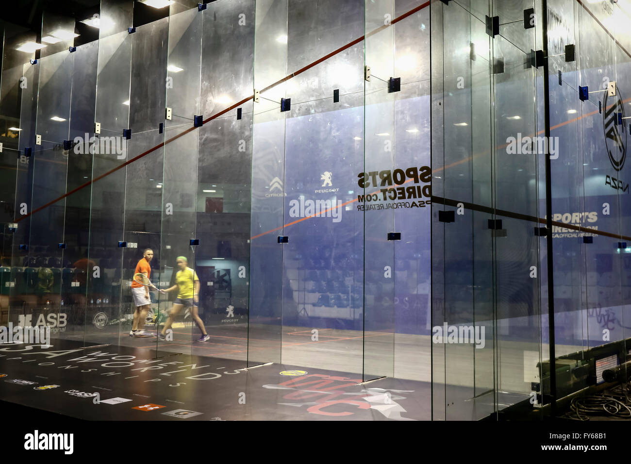 Kuala Lumpur, Malaysia. 23rd Apr, 2016. Squash players testing the full glass squash court use in the championships final in Kuala Lumpur, Malaysia. Credit:  Danny Chan/Alamy Live News. Stock Photo