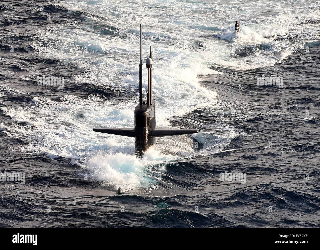 The U.S. Navy Los Angeles-class attack submarine USS Helena transits the Atlantic Ocean March 24, 2016. Stock Photo