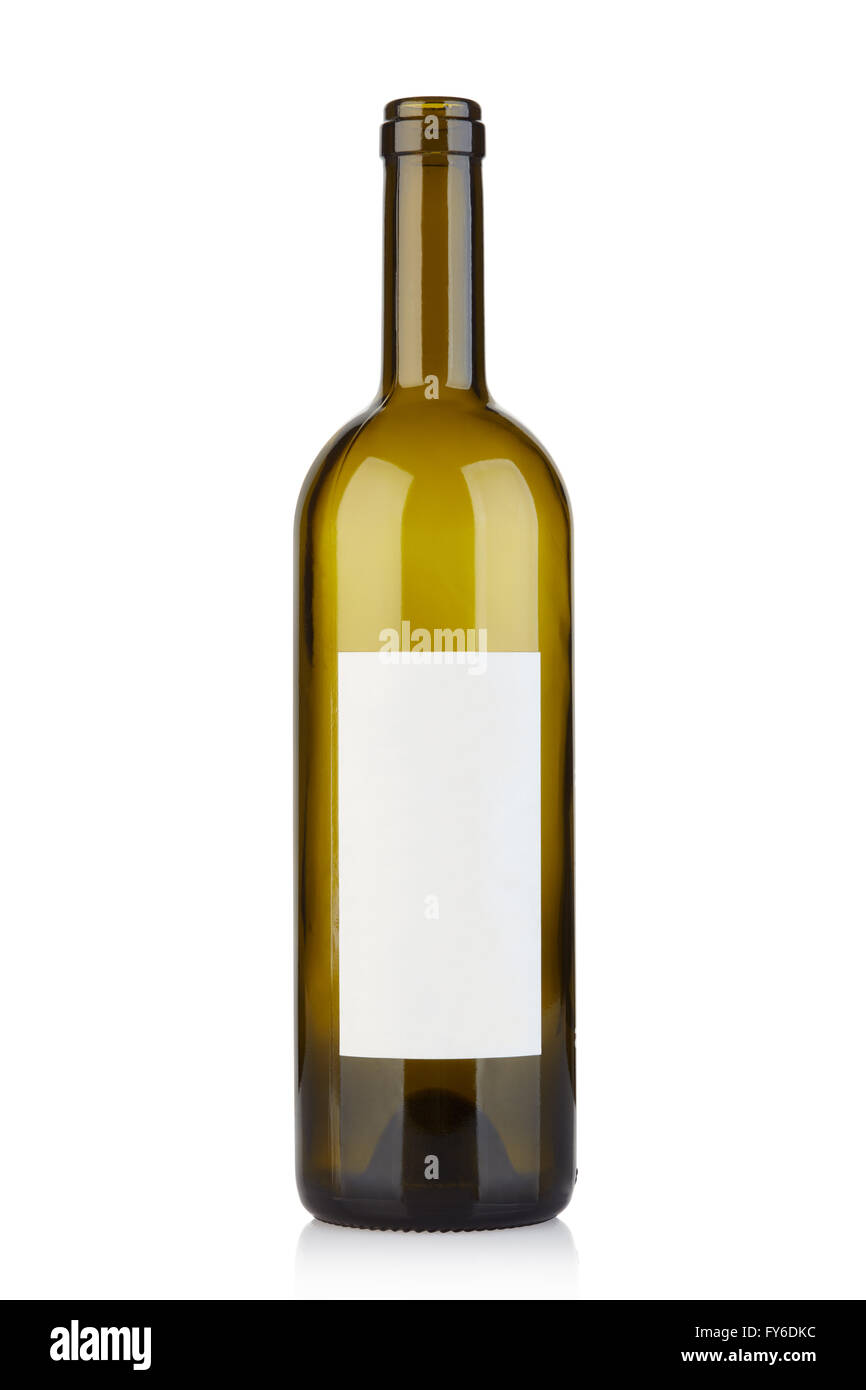 Empty opened wine bottle with blank label on white, clipping path Stock Photo