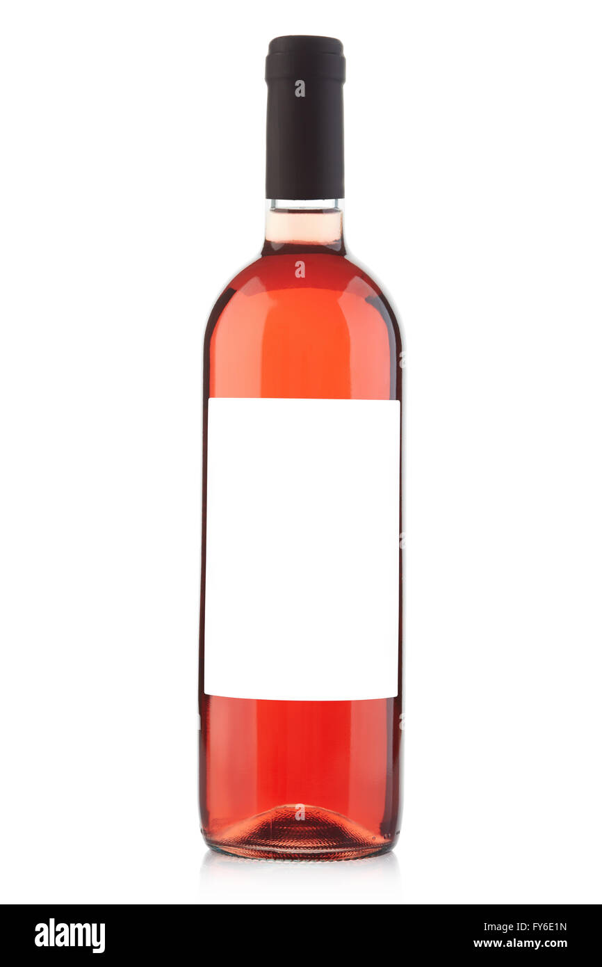 Rose wine bottle with blank label on white, clipping path Stock Photo