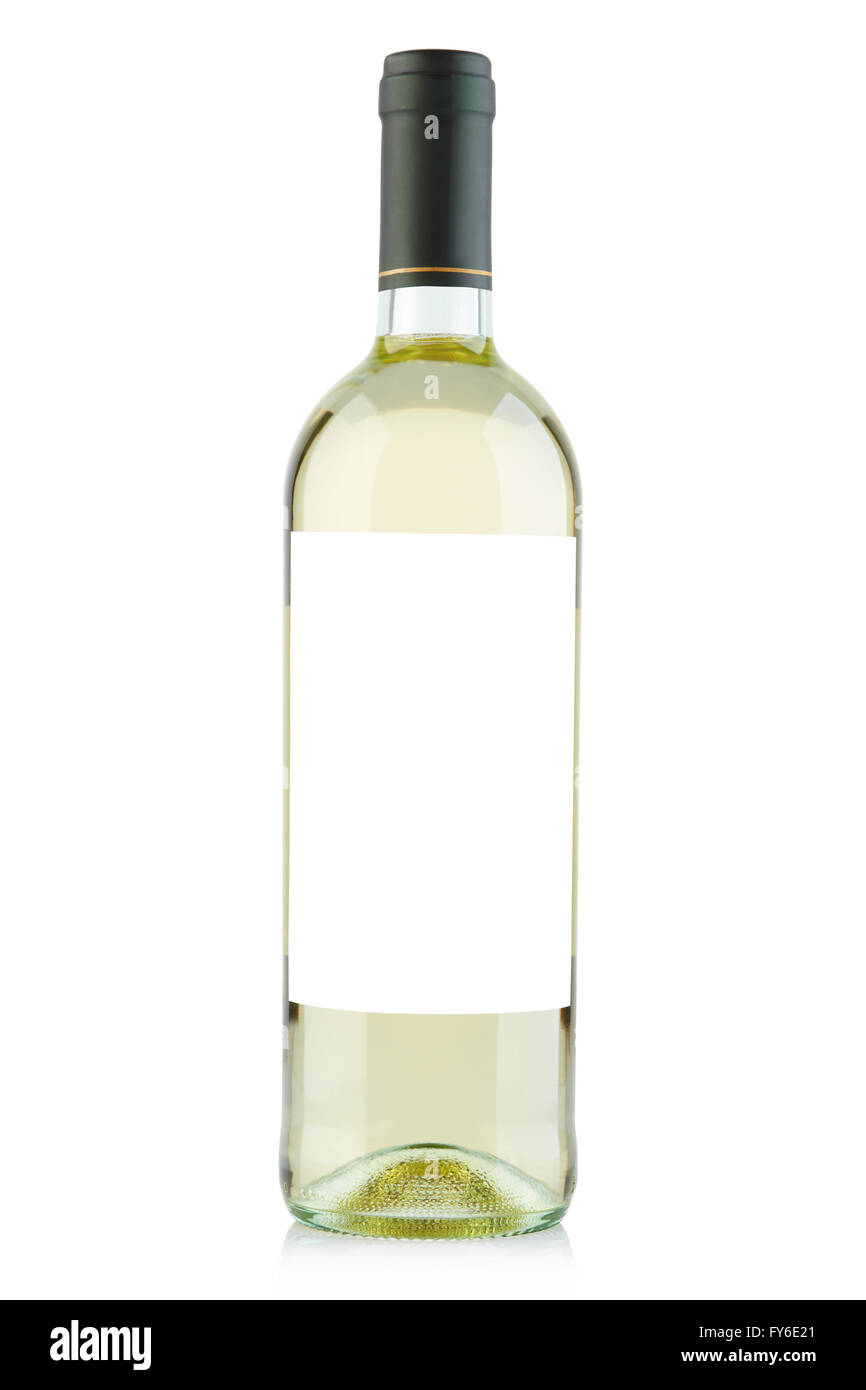 White wine bottle with blank label on white, clipping path Stock Photo