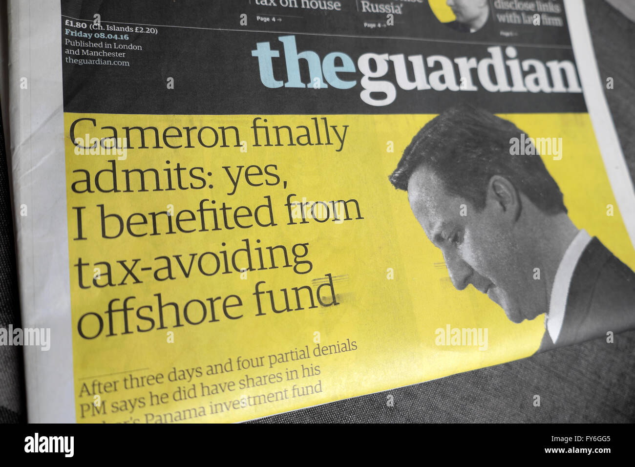 Guardian newspaper front page headline Panama Papers David Cameron admits Yes, I benefited from tax-avoiding offshore fund 2016 Stock Photo