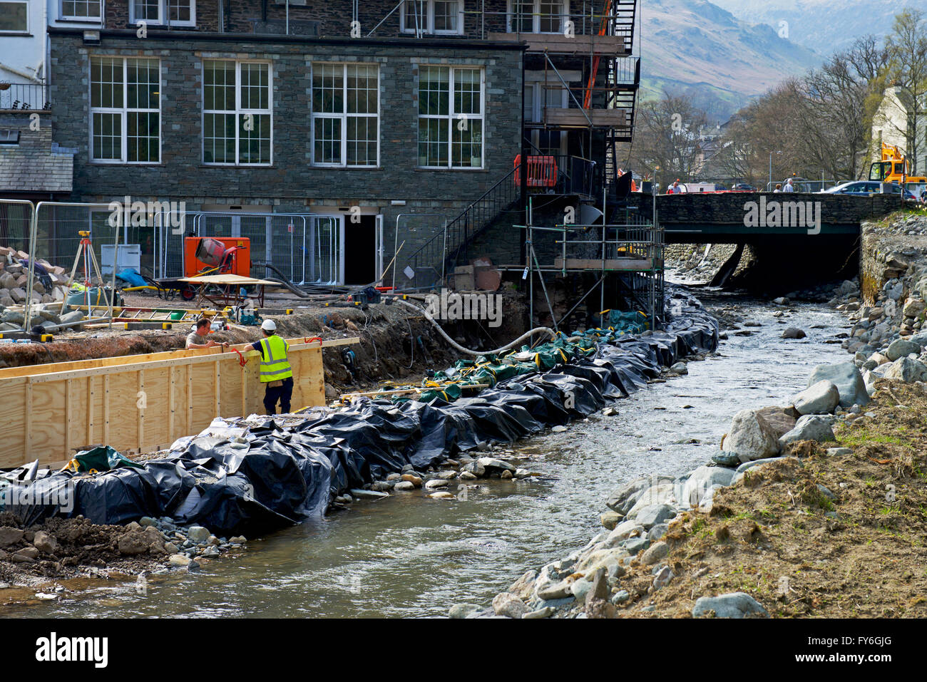 Remedial work being undertaken in the village of Glenridding, after floods in the winter of 2015/16, Lake District, Cumbria UK Stock Photo