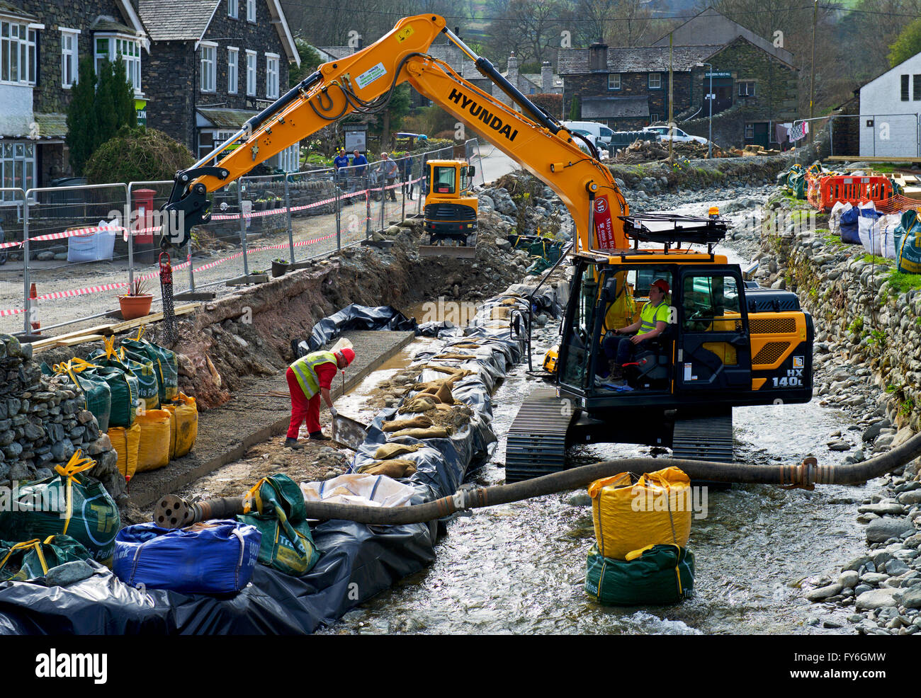 Remedial work being undertaken in the village of Glenridding, after floods in the winter of 2015/16, Lake District, Cumbria UK Stock Photo