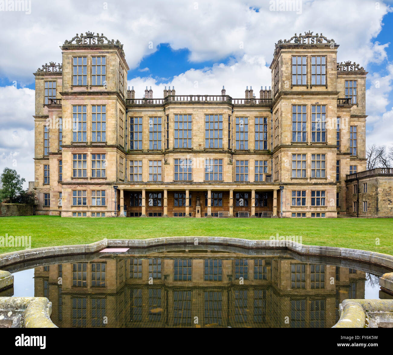 The rear of Hardwick Hall, an Elizabethan country house and home of Bess of Hardwick, near Chesterfield, Derbyshire, England, UK Stock Photo