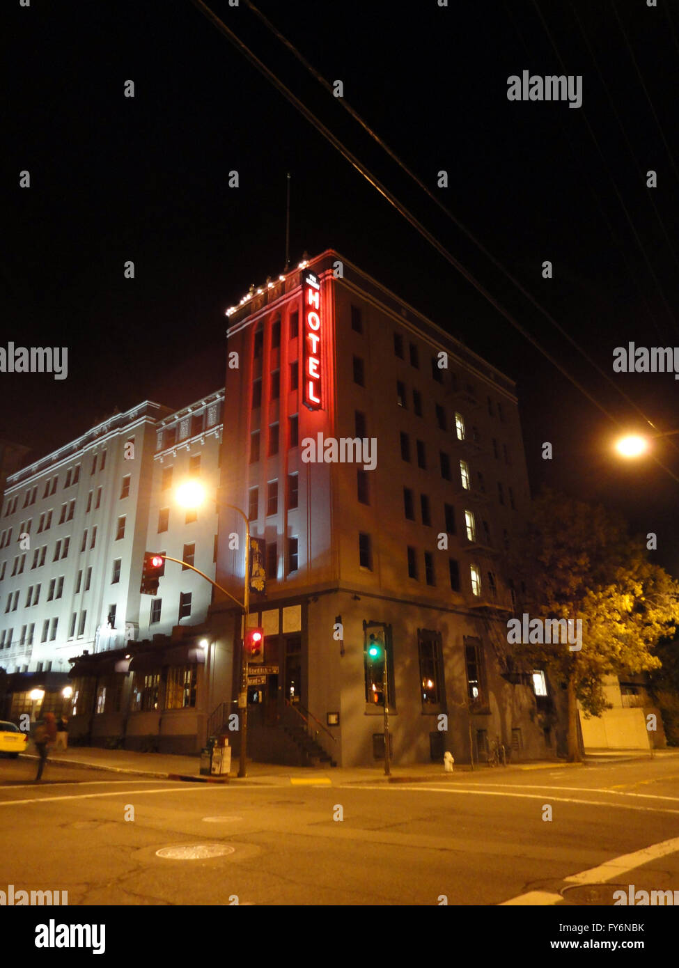 Historic Hotel Durant at Night in Berkeley, California. A Berkeley