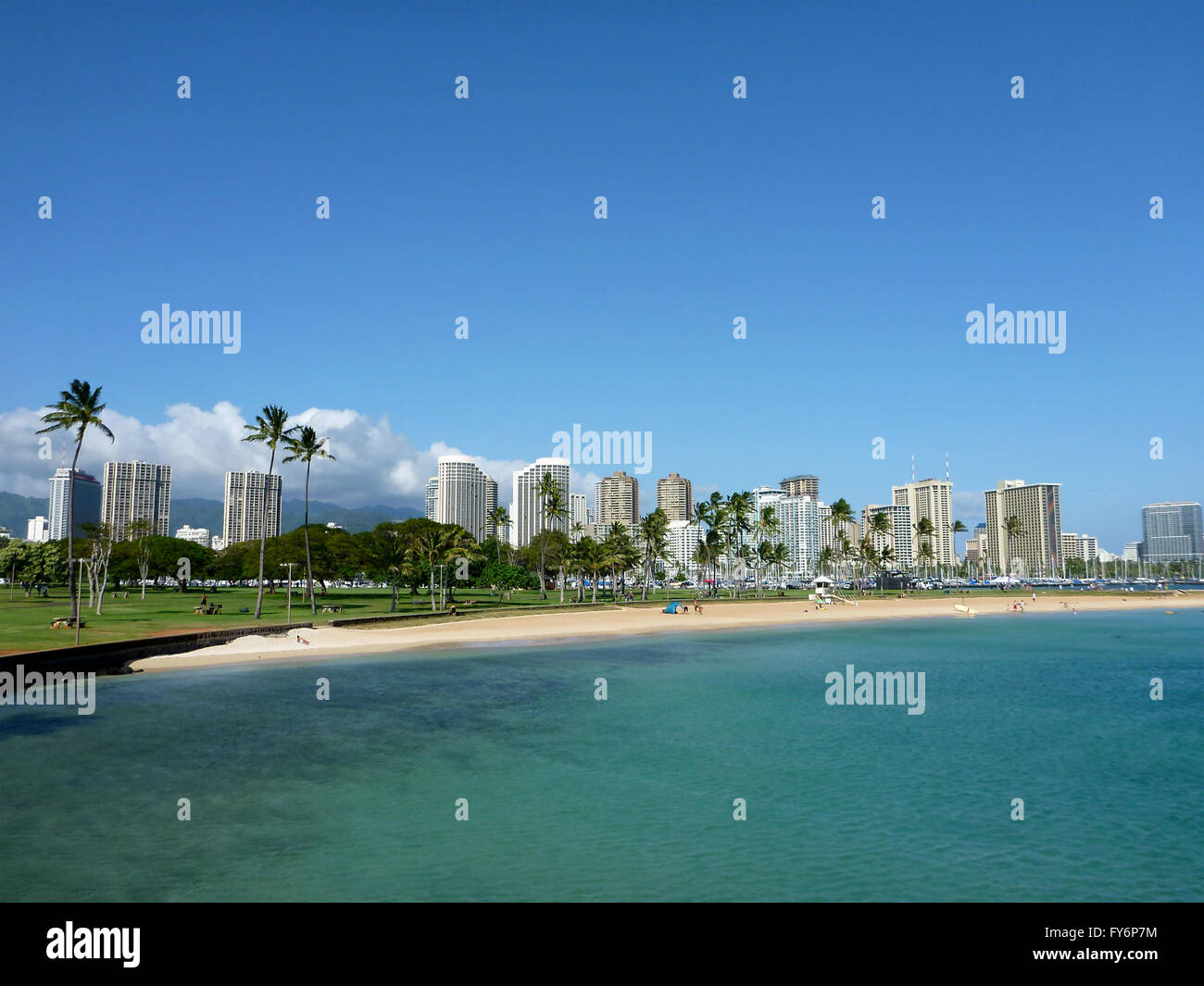 Beach on Magic Island in Ala Moana Beach Park on the island of Oahu