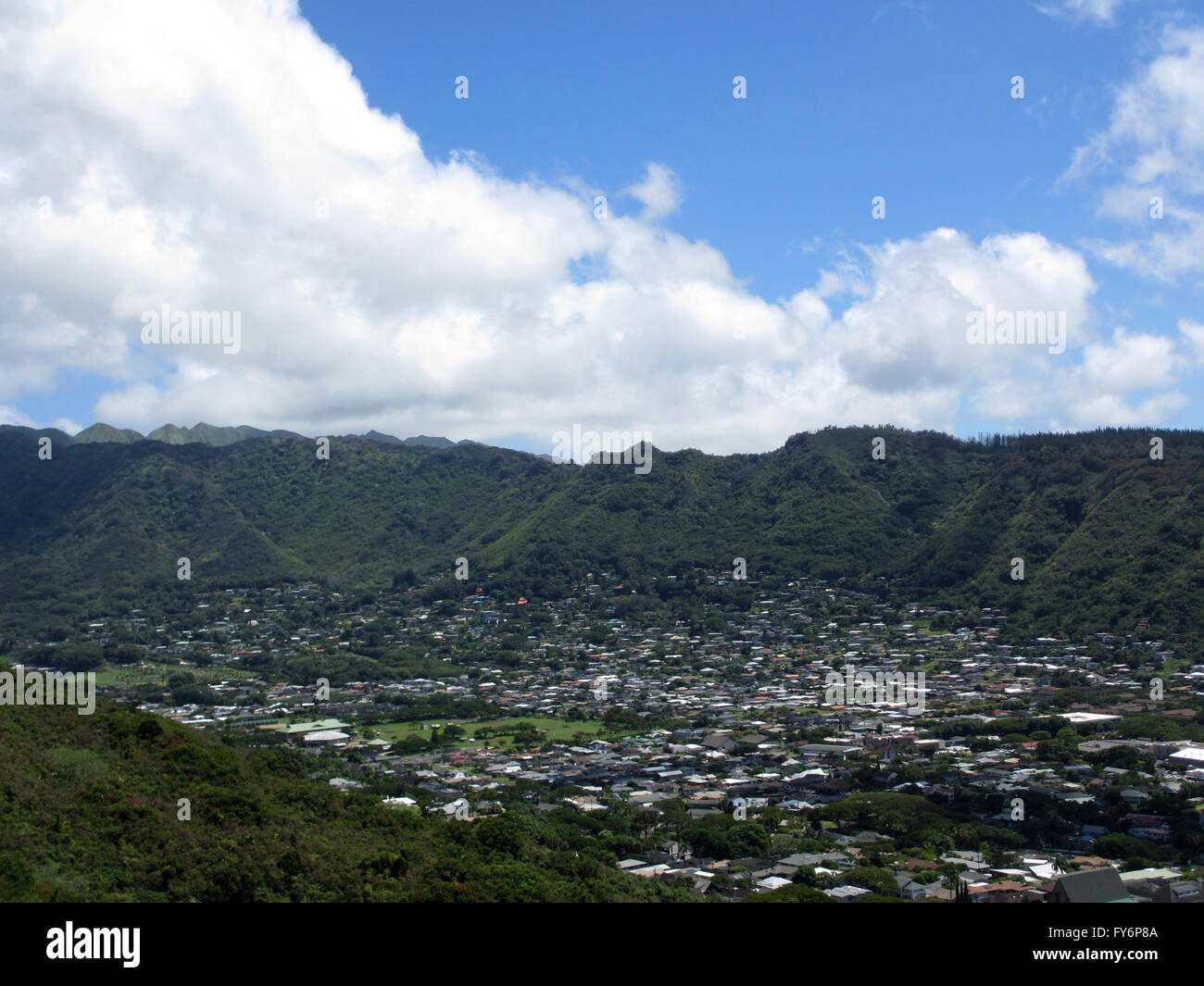 Manoa Valley on the Island of Oahu. Featuring Baseball fields, houses