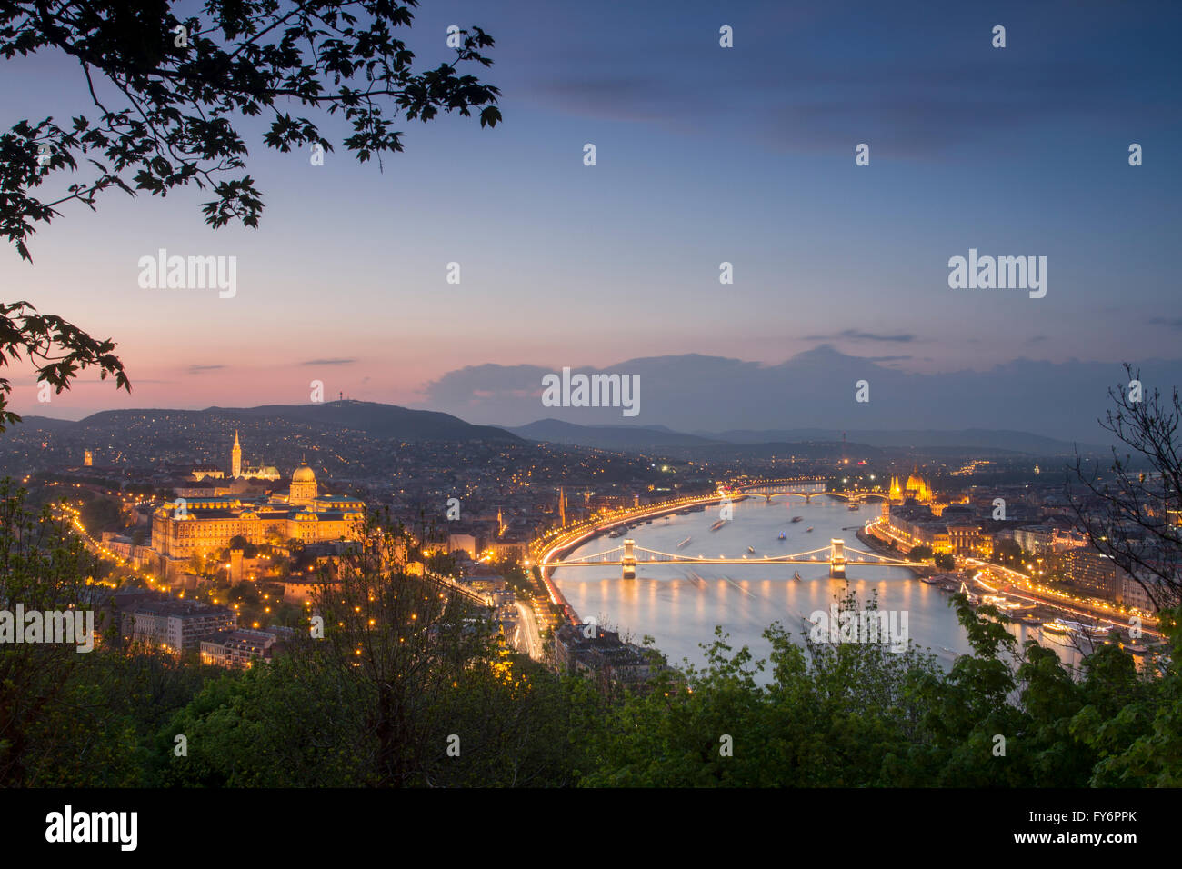 Panoramic views of Budapest from Gellert hill, Hungary. Stock Photo