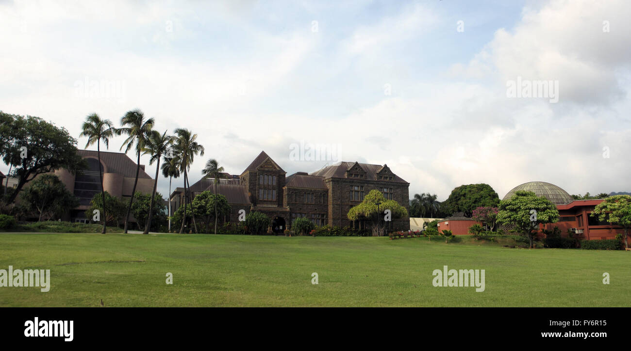 Landmark Bishop Museum Buildings on a nice day on Oahu in the state of Hawaii. Stock Photo