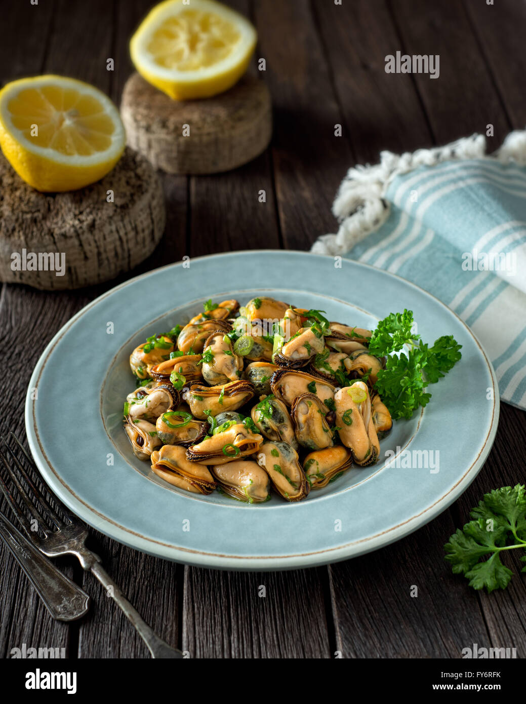 A delicious blue mussel salad with green onion and parsley. Stock Photo