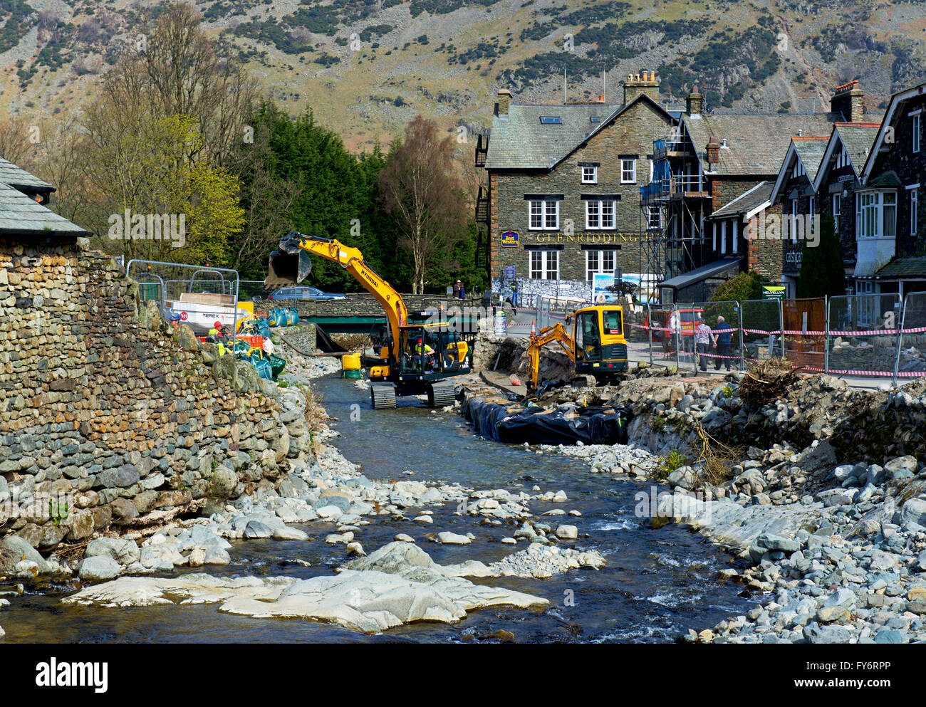 Remedial work being undertaken in the village of Glenridding, after floods in the winter of 2015/16, Lake District, Cumbria UK Stock Photo