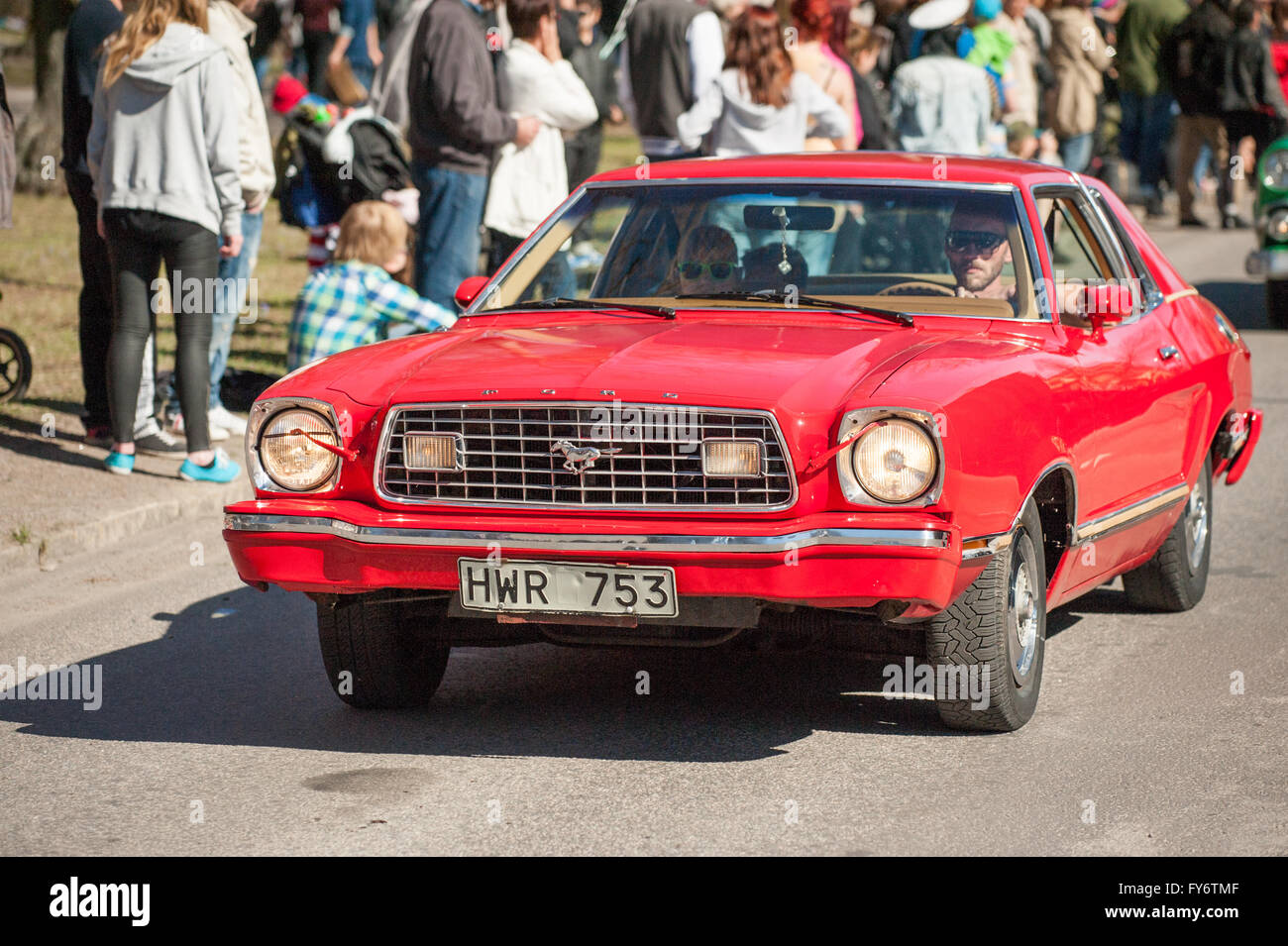 Traditional classic car parade celebrates spring on May Day in Norrkoping, Sweden. Stock Photo