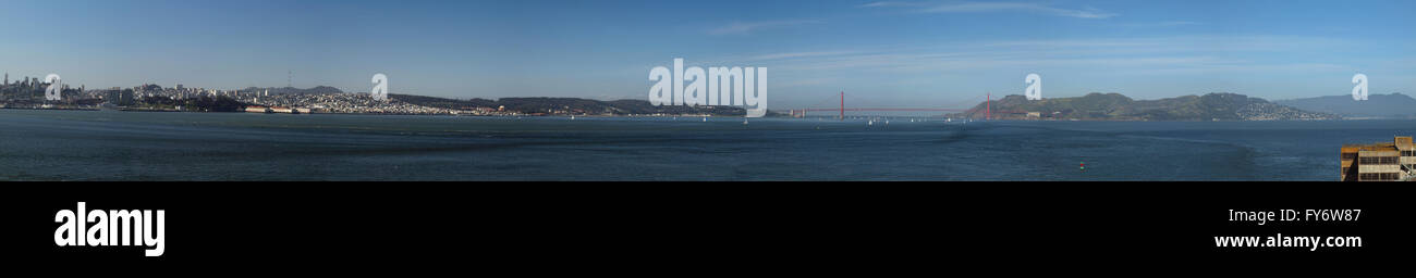 Sweeping Panoramic of San Francisco Bay from Alcatraz Island on a clear day. Stock Photo