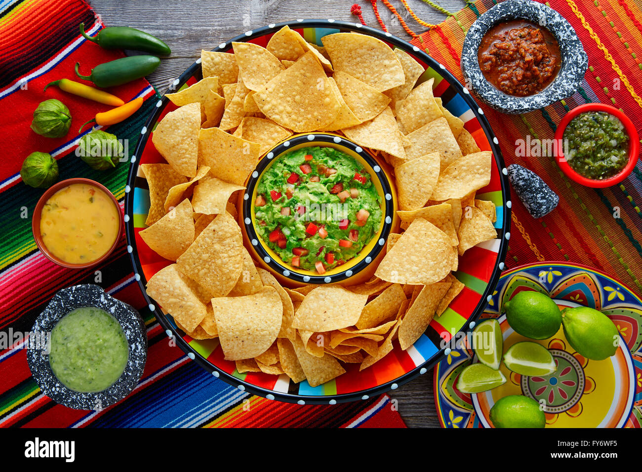 Nachos with guacamole tortilla chips in sombrero plate and sauces Stock  Photo - Alamy