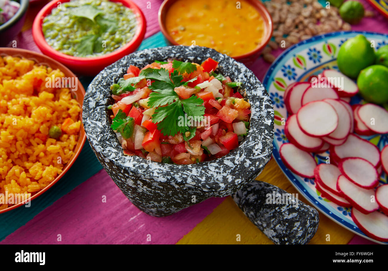 Pico de gallos mexican sauce with rice and salsas Stock Photo
