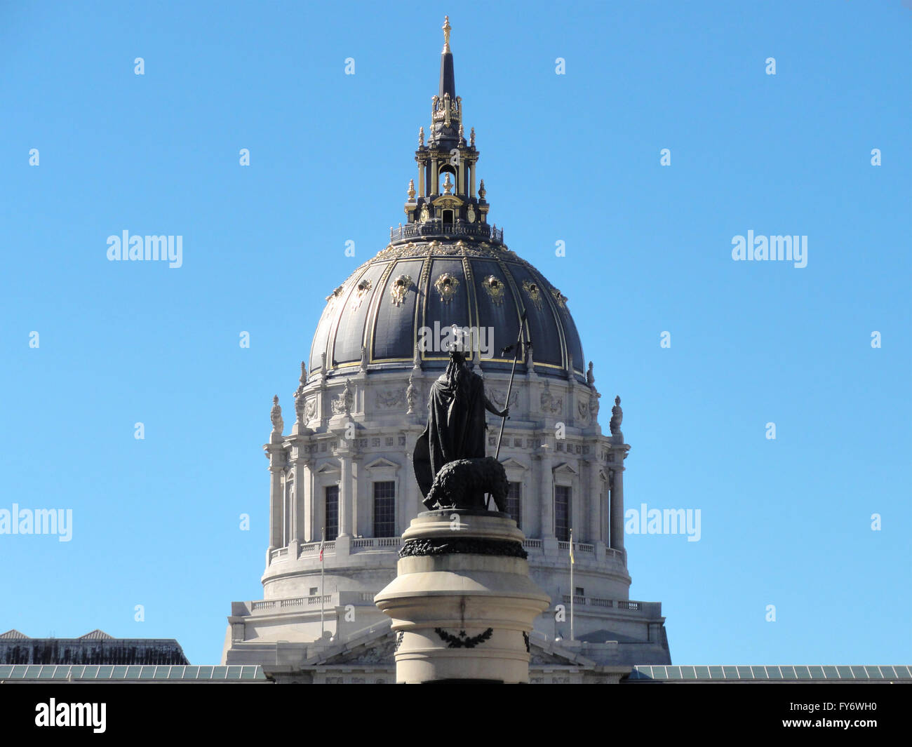 Western Sea Gull sits on top statue in front of City Hall Building in San Francisco on a clear day. Stock Photo