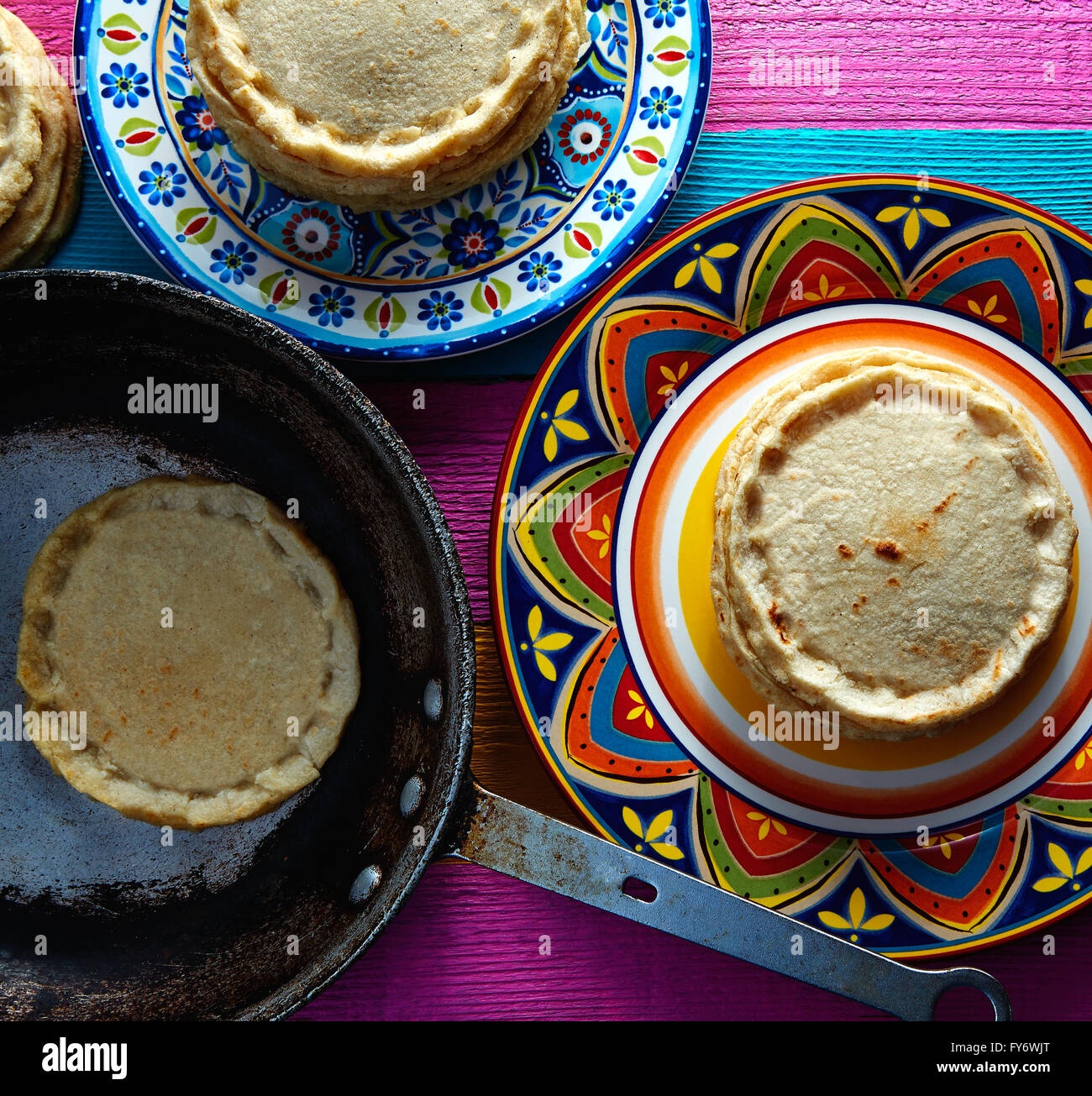 Sopes handmade mexican traditional food thick corn masa tortillas Stock