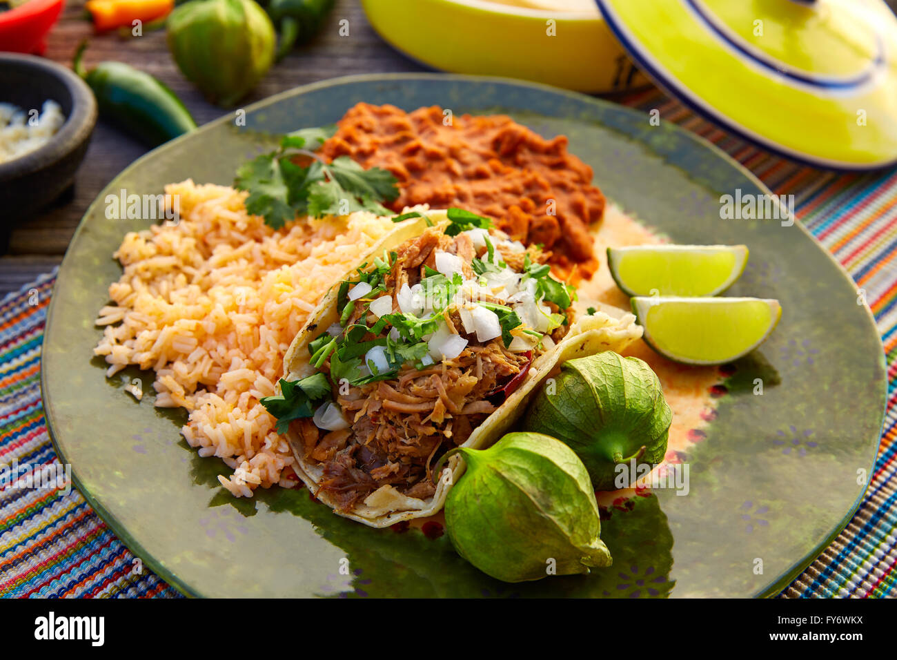 Mexican carnitas tacos with salsa and Mexico food ingredients Stock Photo