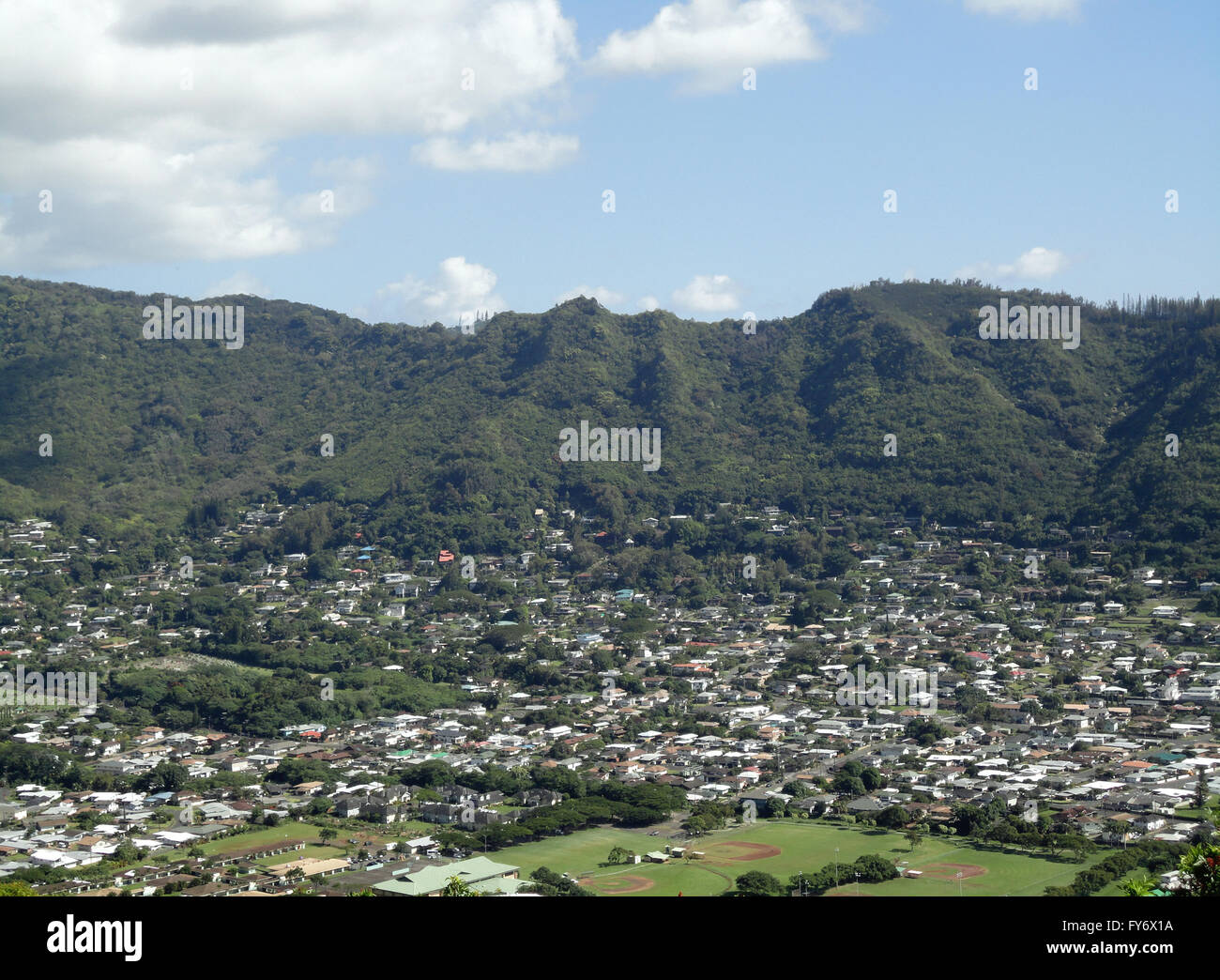 Manoa Valley on the Island of Oahu. Featuring Baseball fields, houses