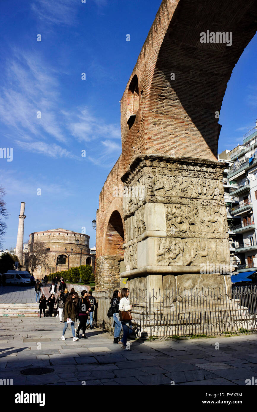 Vertical view of the Arch of  Galerius triumphal gate and Rotunda with a post added minaret afar. Saloniki city, Greece. Stock Photo