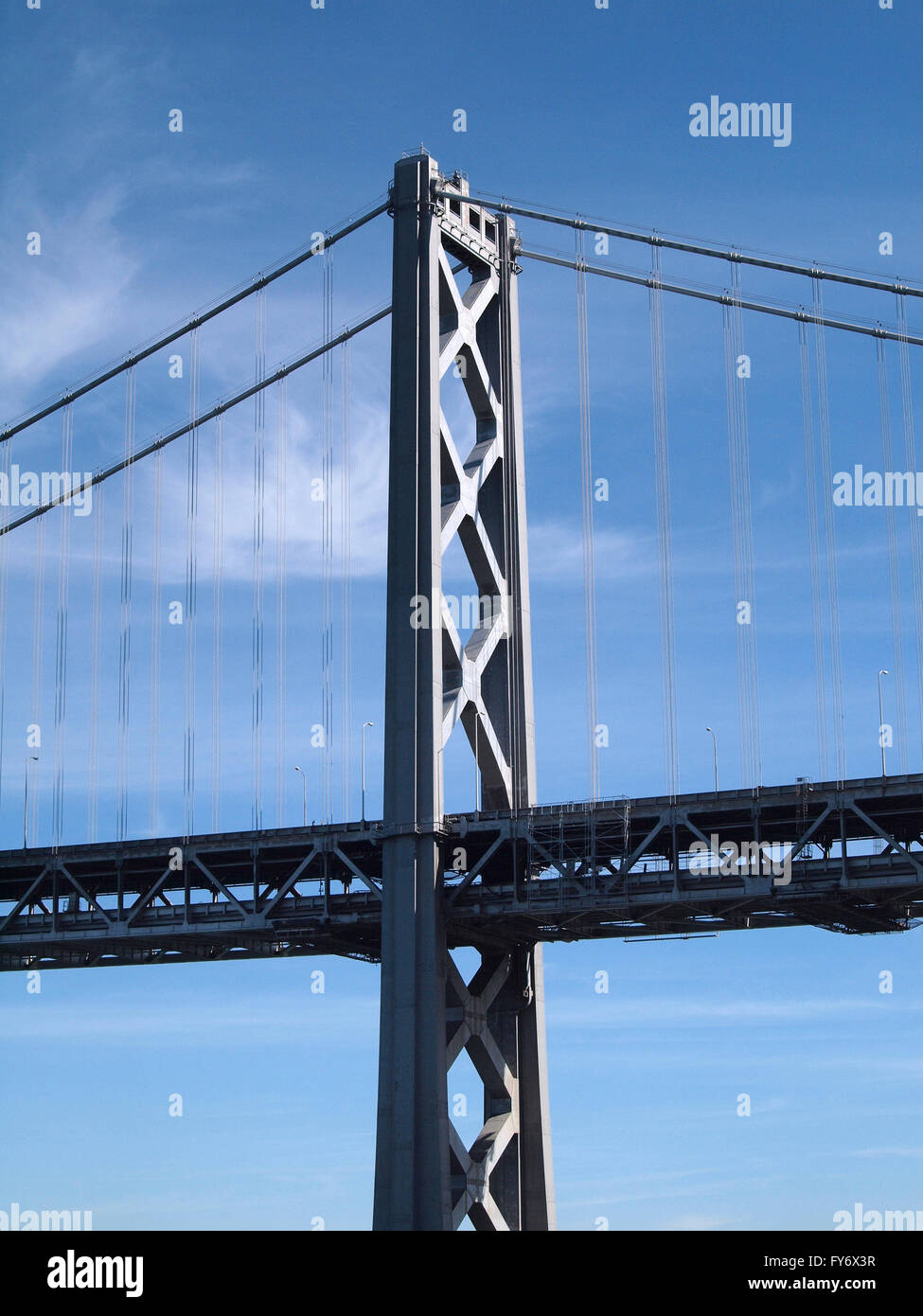 San Francisco Bay Bridge Tower with double deck road and cables on a
