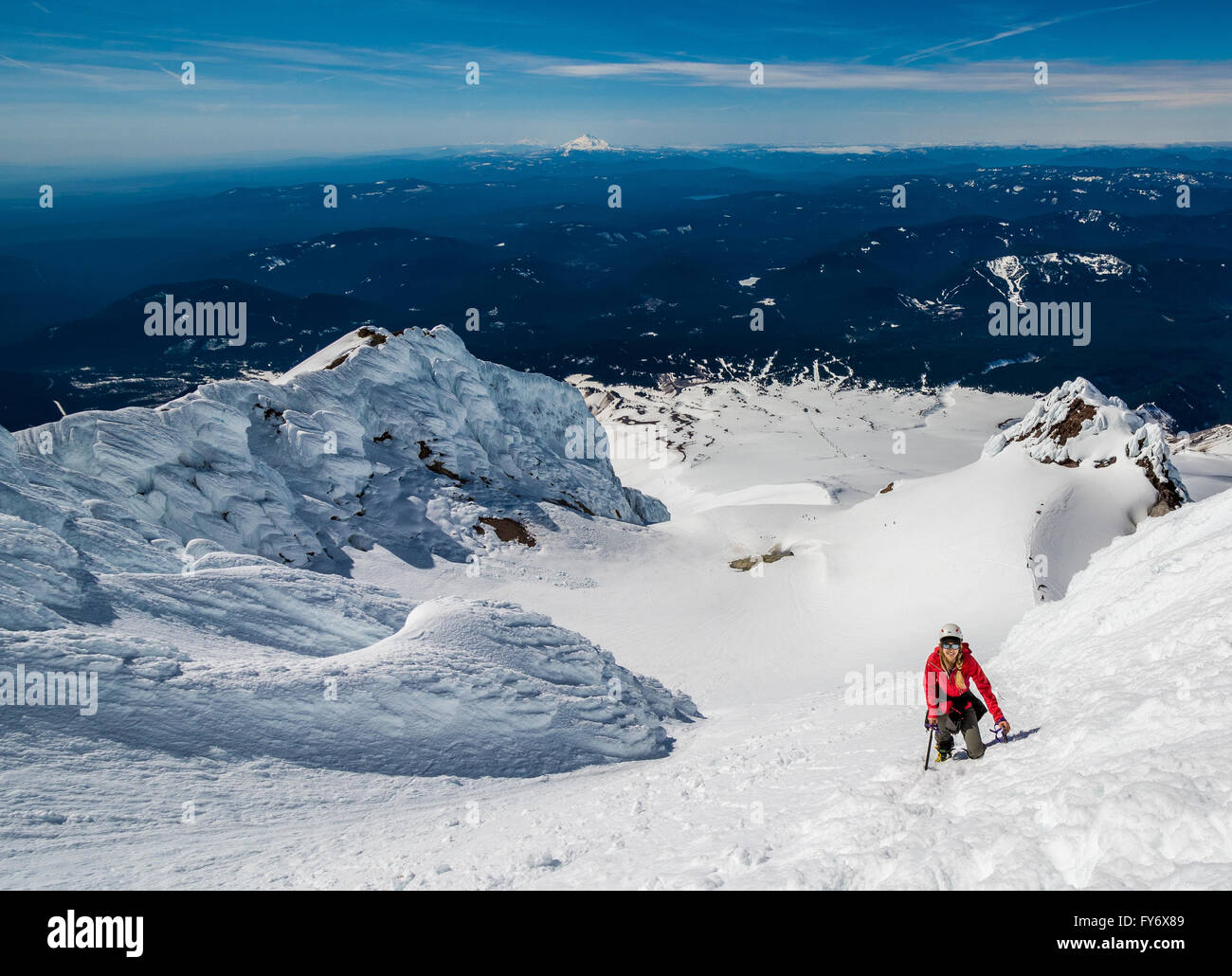 Ski Mountaineer climbing to the summit of Mount Hood Stock Photo