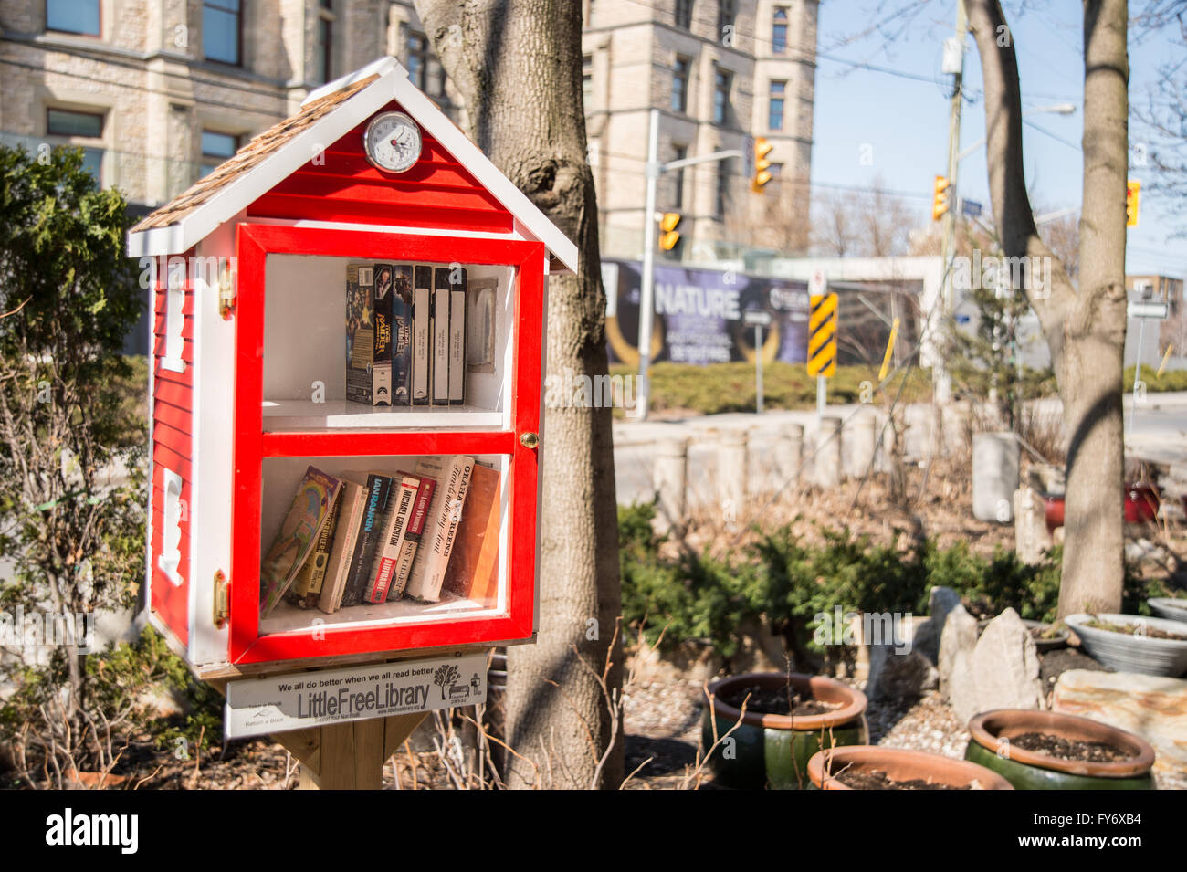 Little Free Library is a street-level book deposit where everyone can take or give a book, free of charge (Ottawa, Canada) Stock Photo