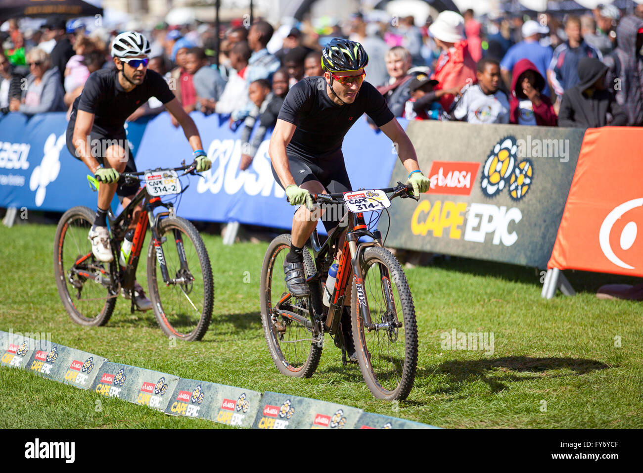 Two mountain bikers cycling at the Cape Epic Cycle Race Meerendal