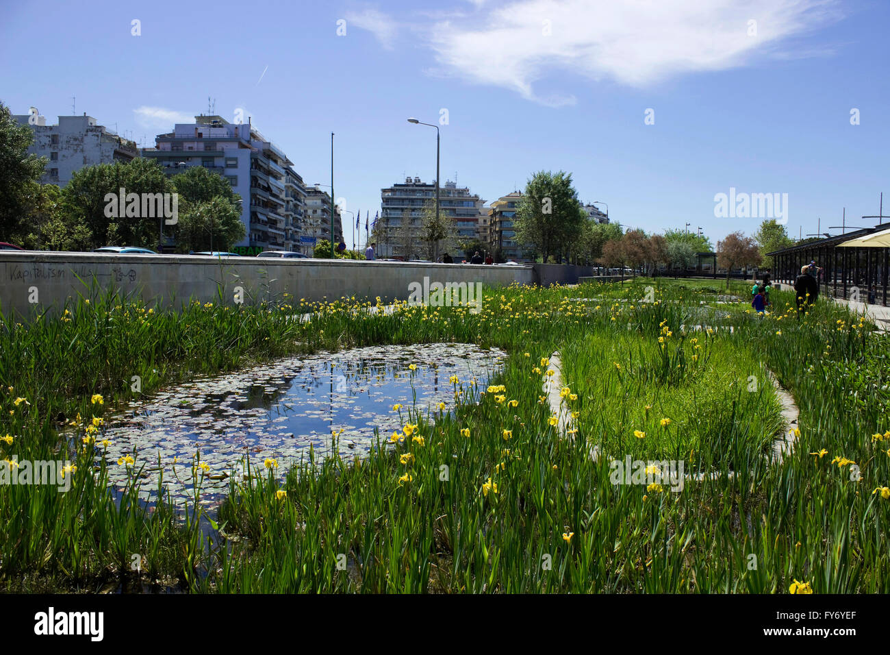 The Garden of Water is an urban garden and recreational park in the heart of Salonica's New promenade. Central Macedonia Stock Photo