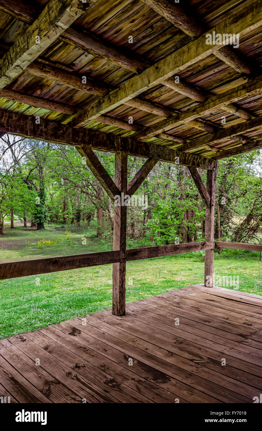 Porch Of Macluria Log Cabin 1775 New Harmony Indiana Stock Photo