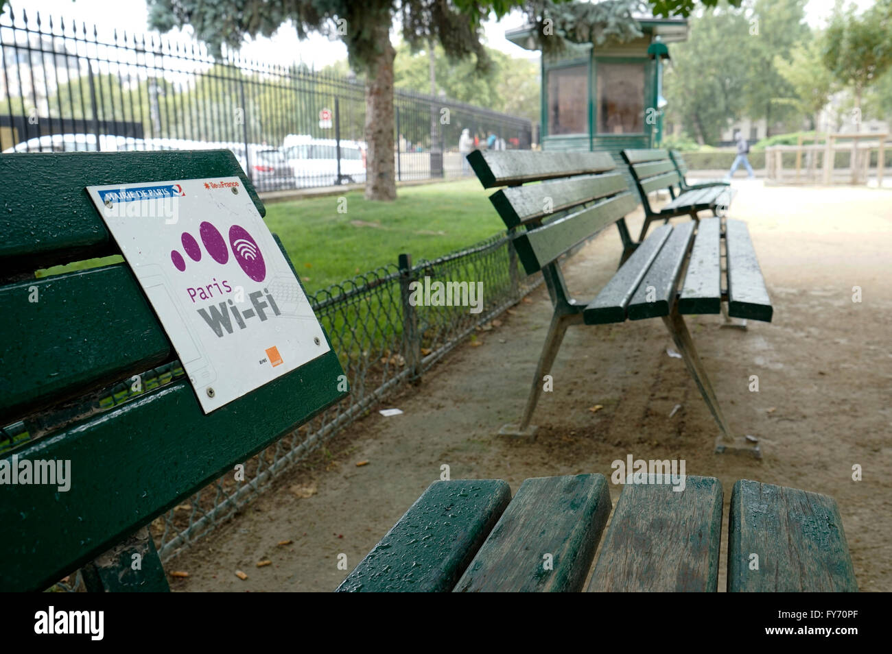 Wi Fi Hotspot Sign On A Park Bench In A Public Park In Paris