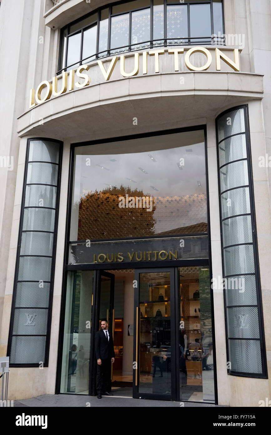 The entrance of Louis Vuitton Paris Store on Boulevard Champs